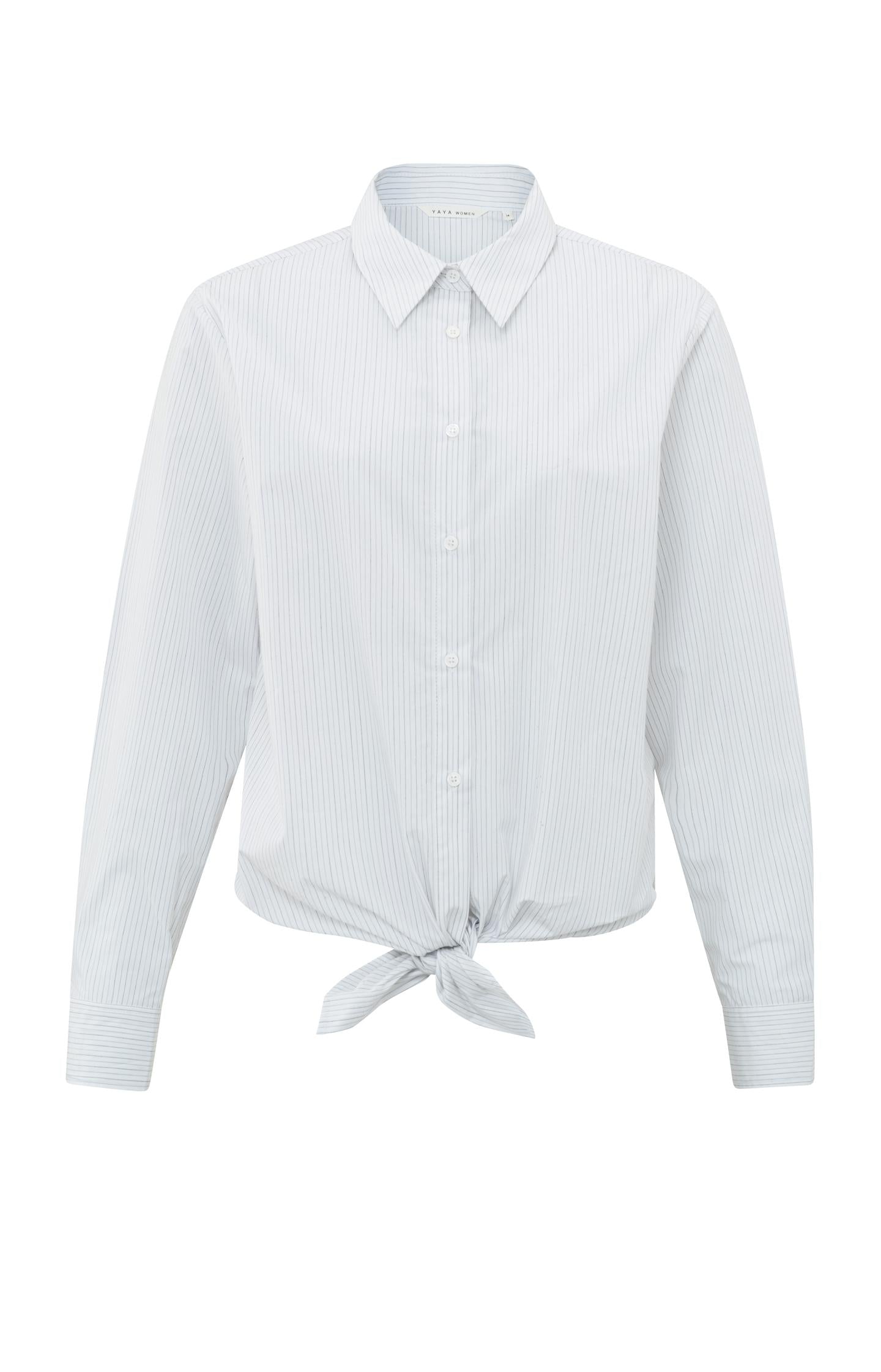 Striped poplin blouse with collar, long sleeves and knot - Type: product