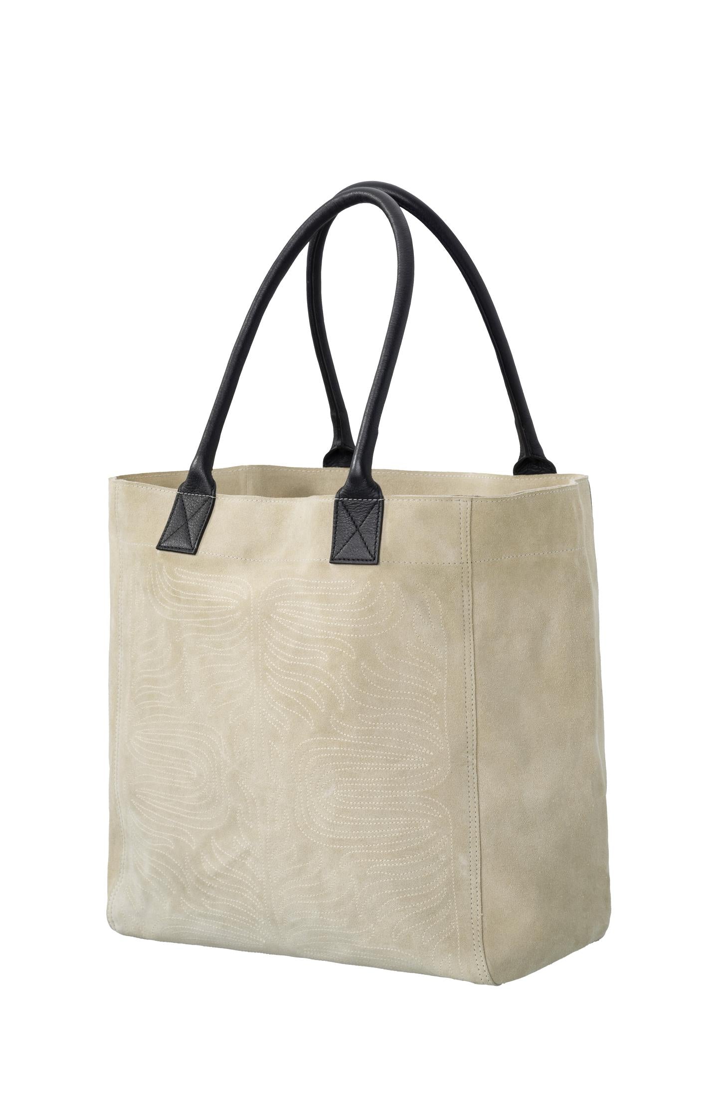 Suede shopper with leather handle and stitched pattern