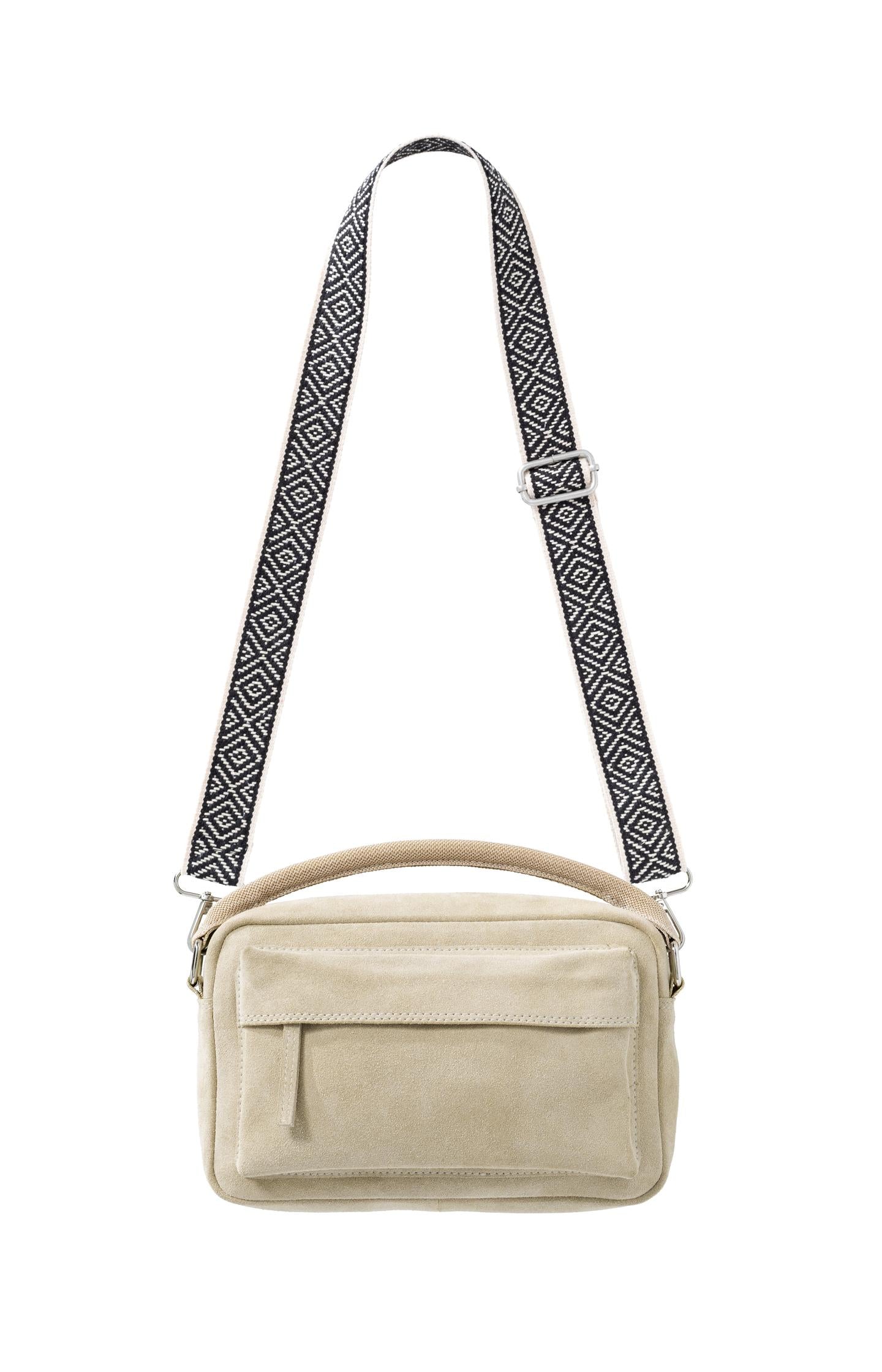 Suede shoulder bag with side pocket with zipper and handle