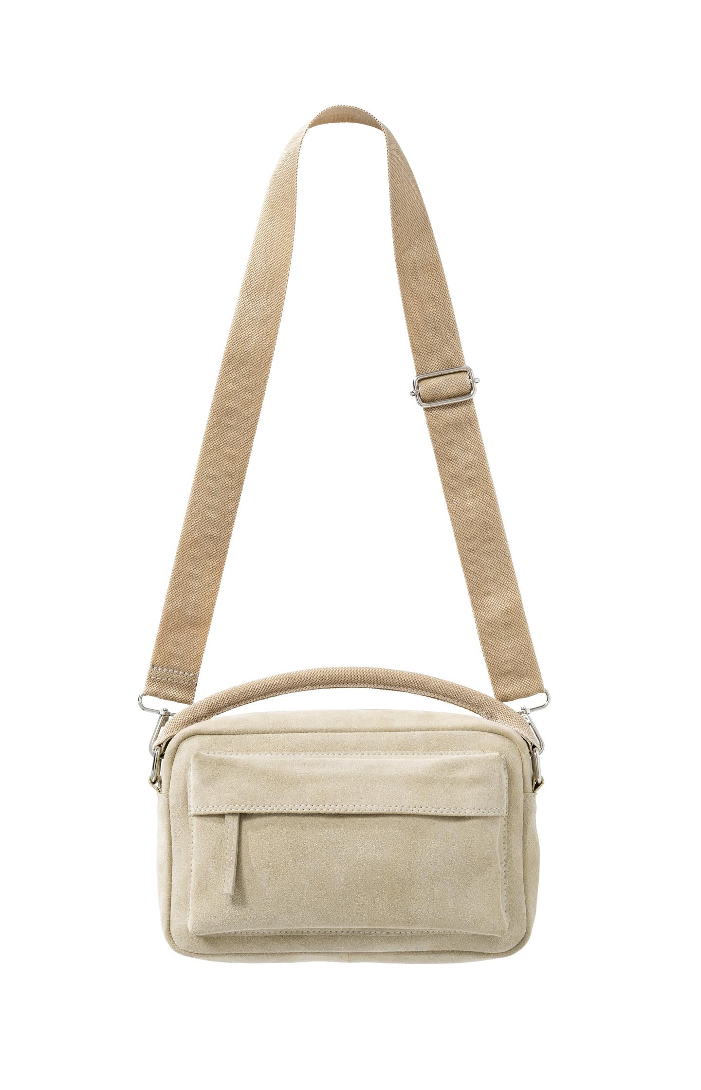 Suede shoulder bag with side pocket with zipper and handle