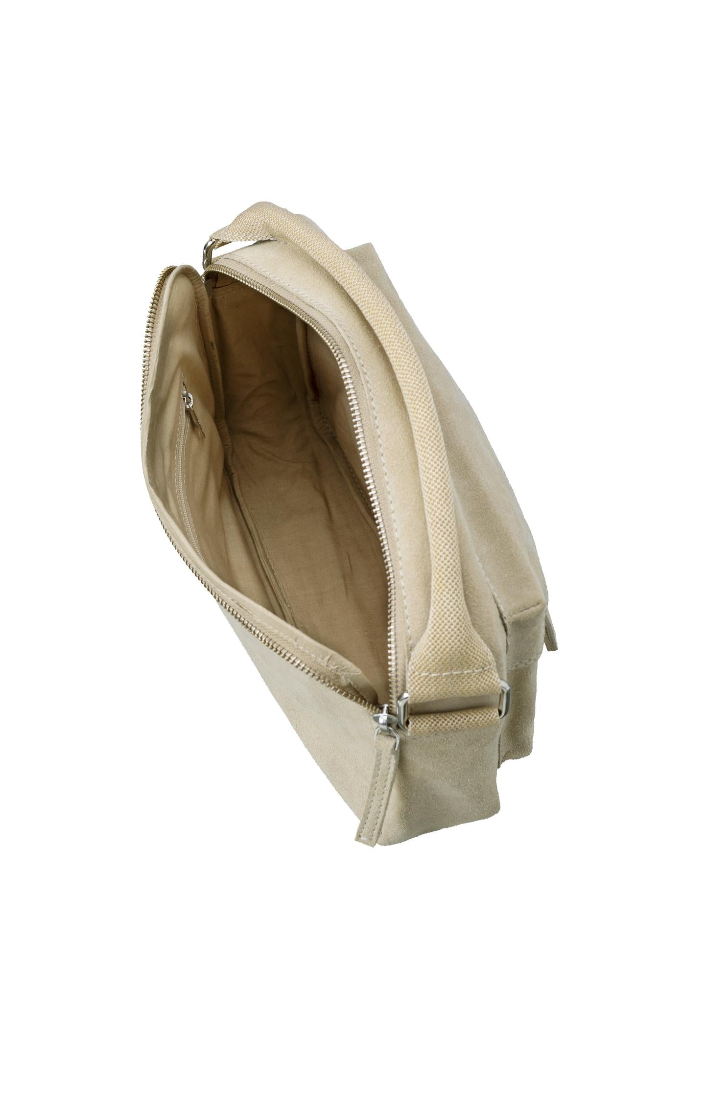 Suede shoulder bag with side pocket with zipper and handle