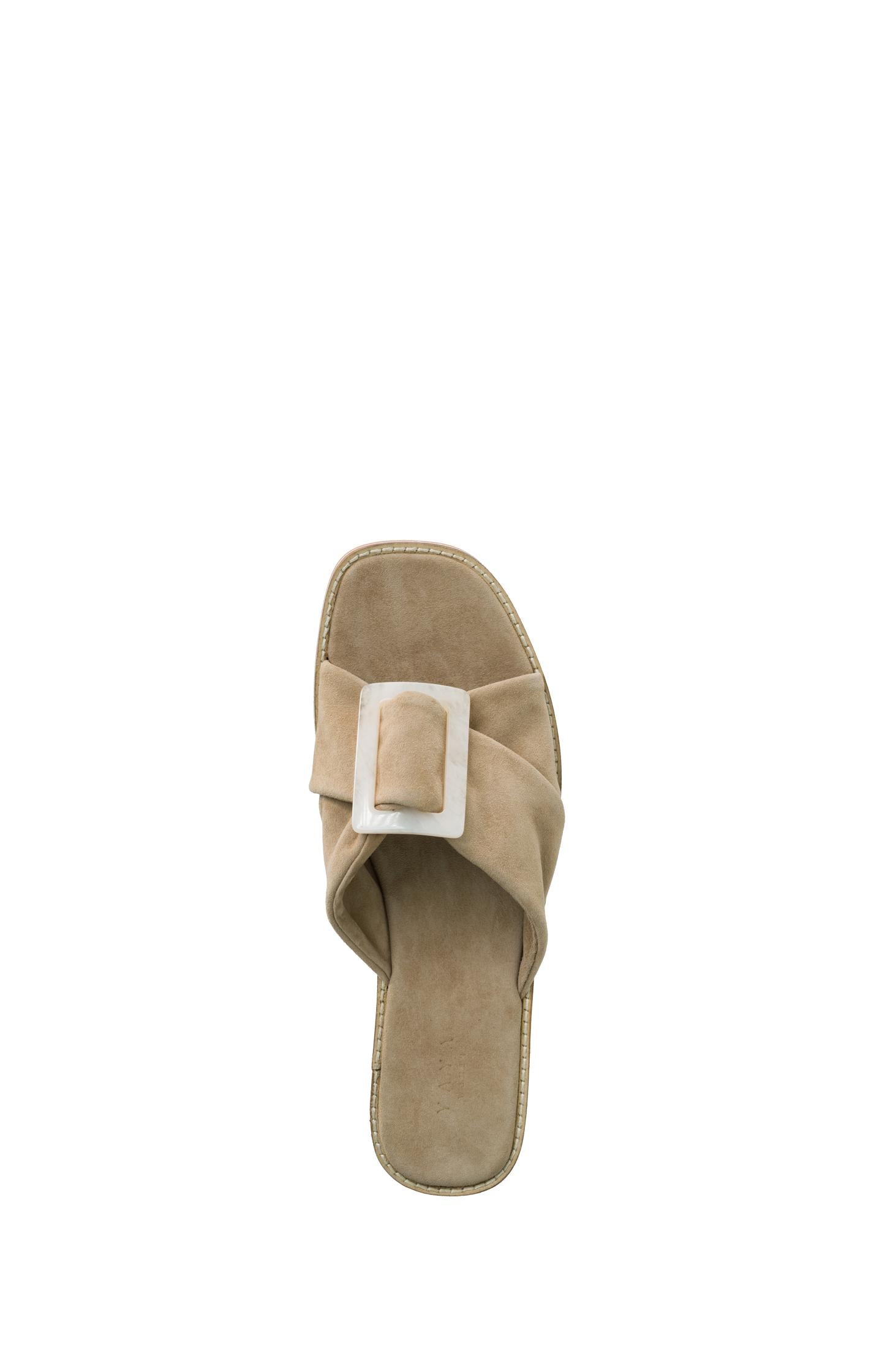 Suede slipper with buckle and crossed straps - Weathered Teak Green