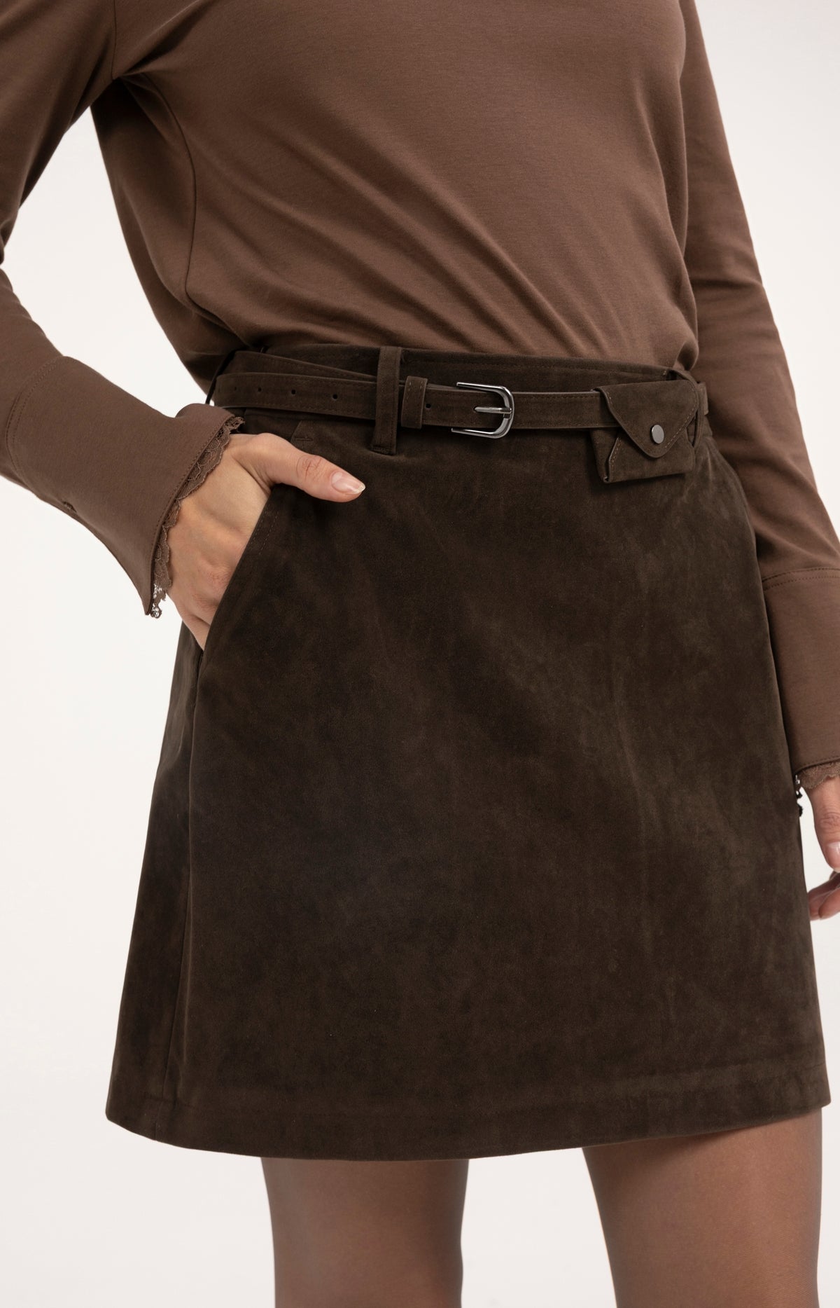 Suedine mini skirt with belt detail - Brown