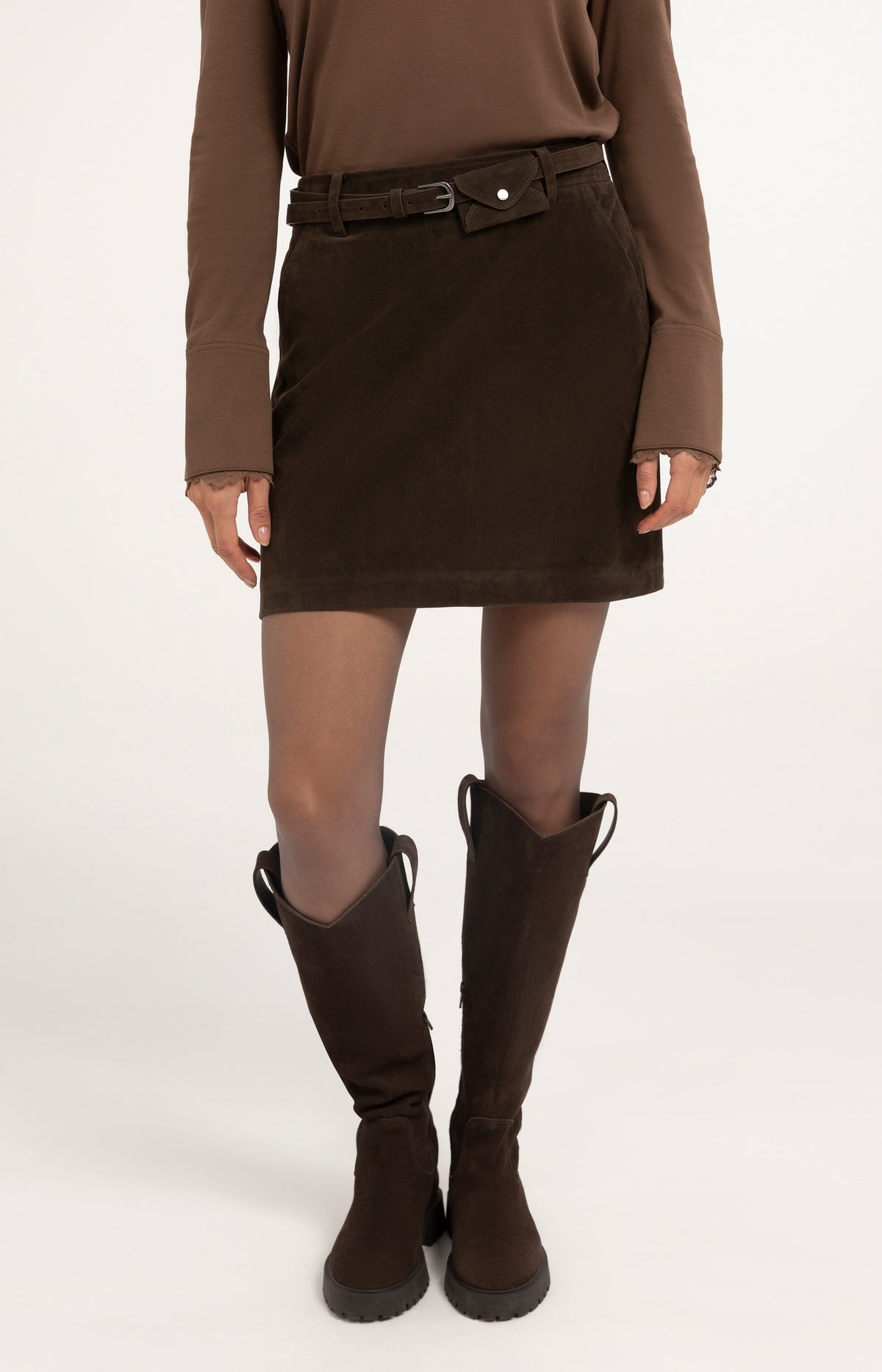 Suedine mini skirt with belt detail