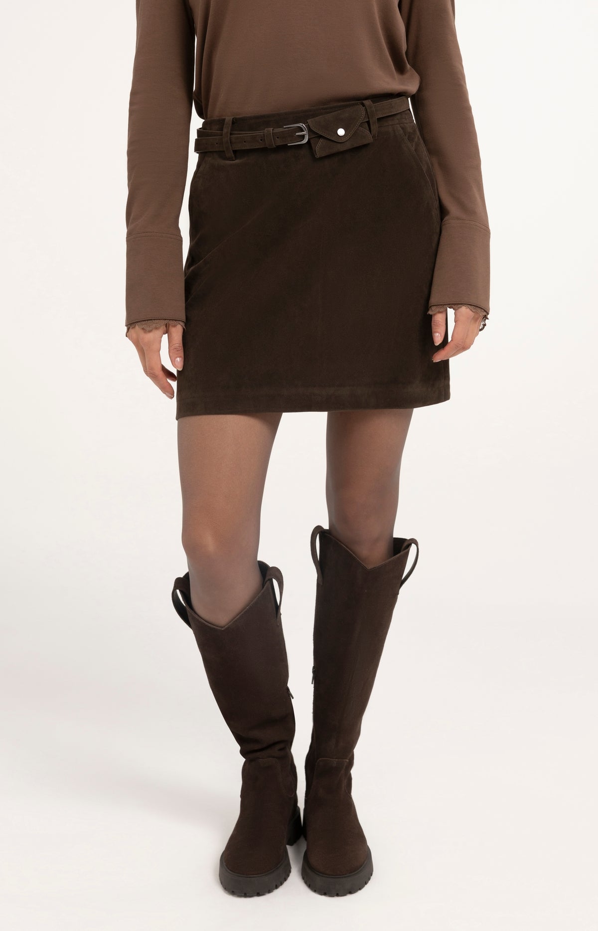 Suedine mini skirt with belt detail