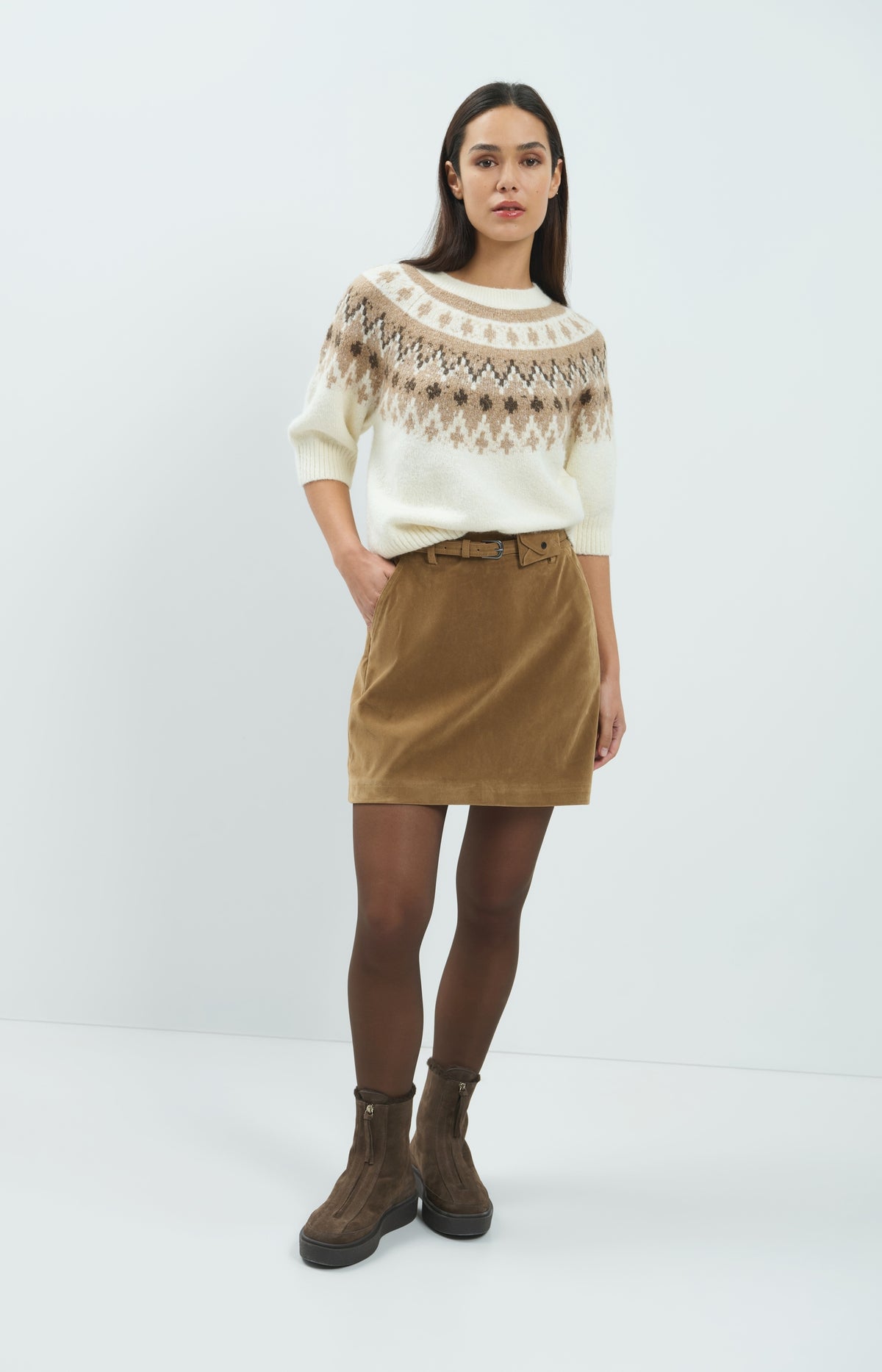 Suedine mini skirt with belt detail - Otter Brown
