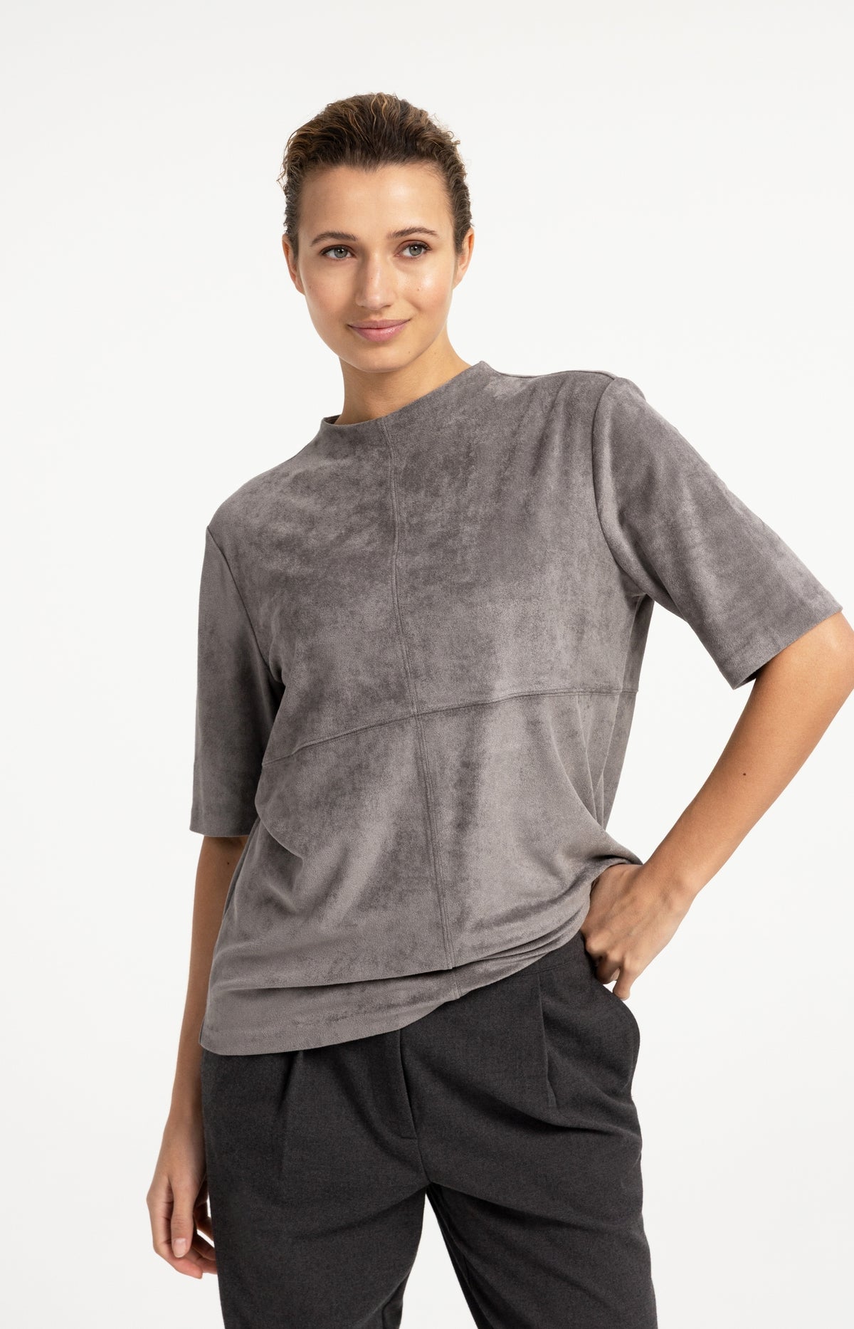 Suedine top with mid-length sleeves