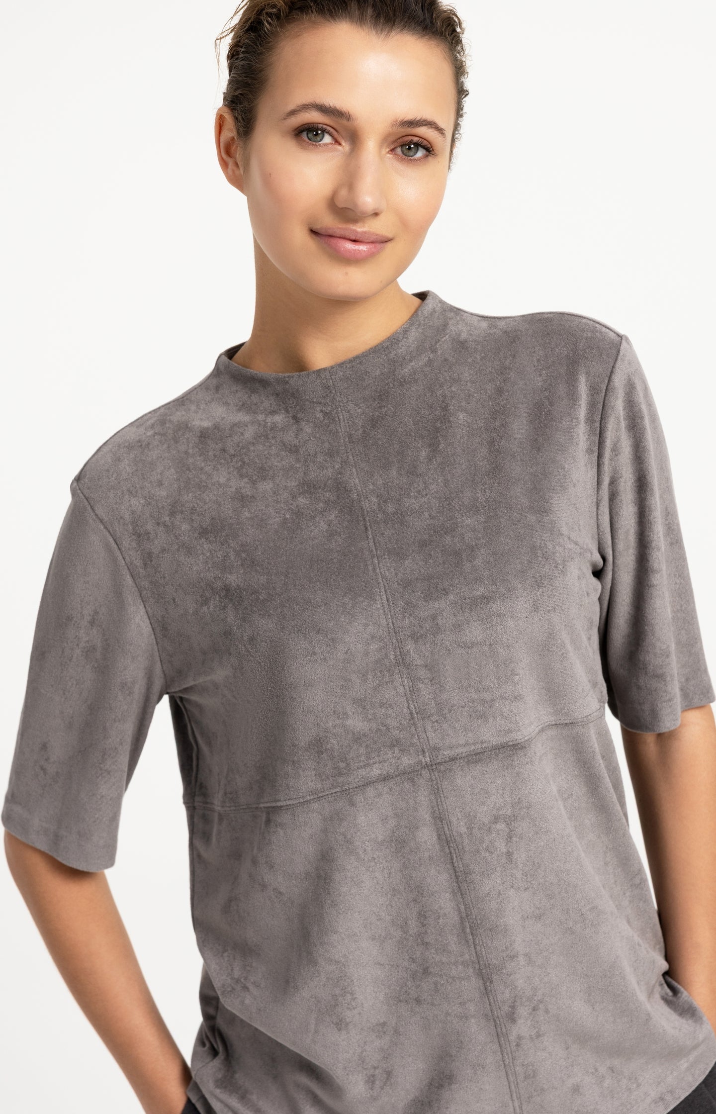 Suedine top with mid-length sleeves
