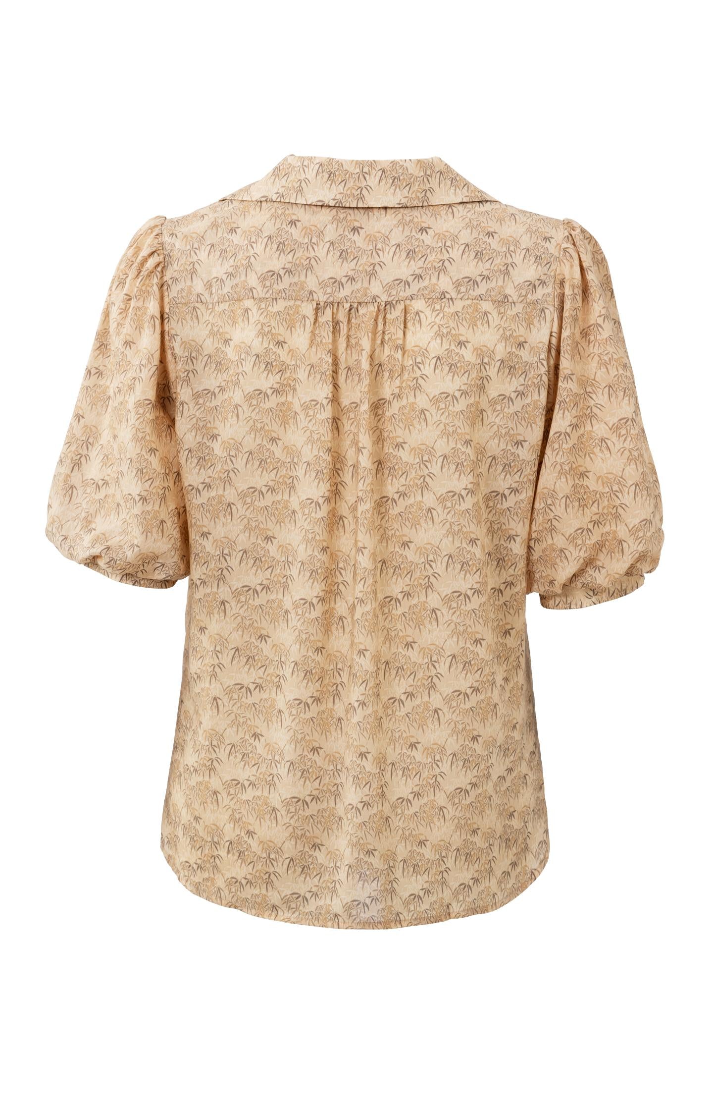 Supple top with V-neck, half puff sleeves and bamboo print