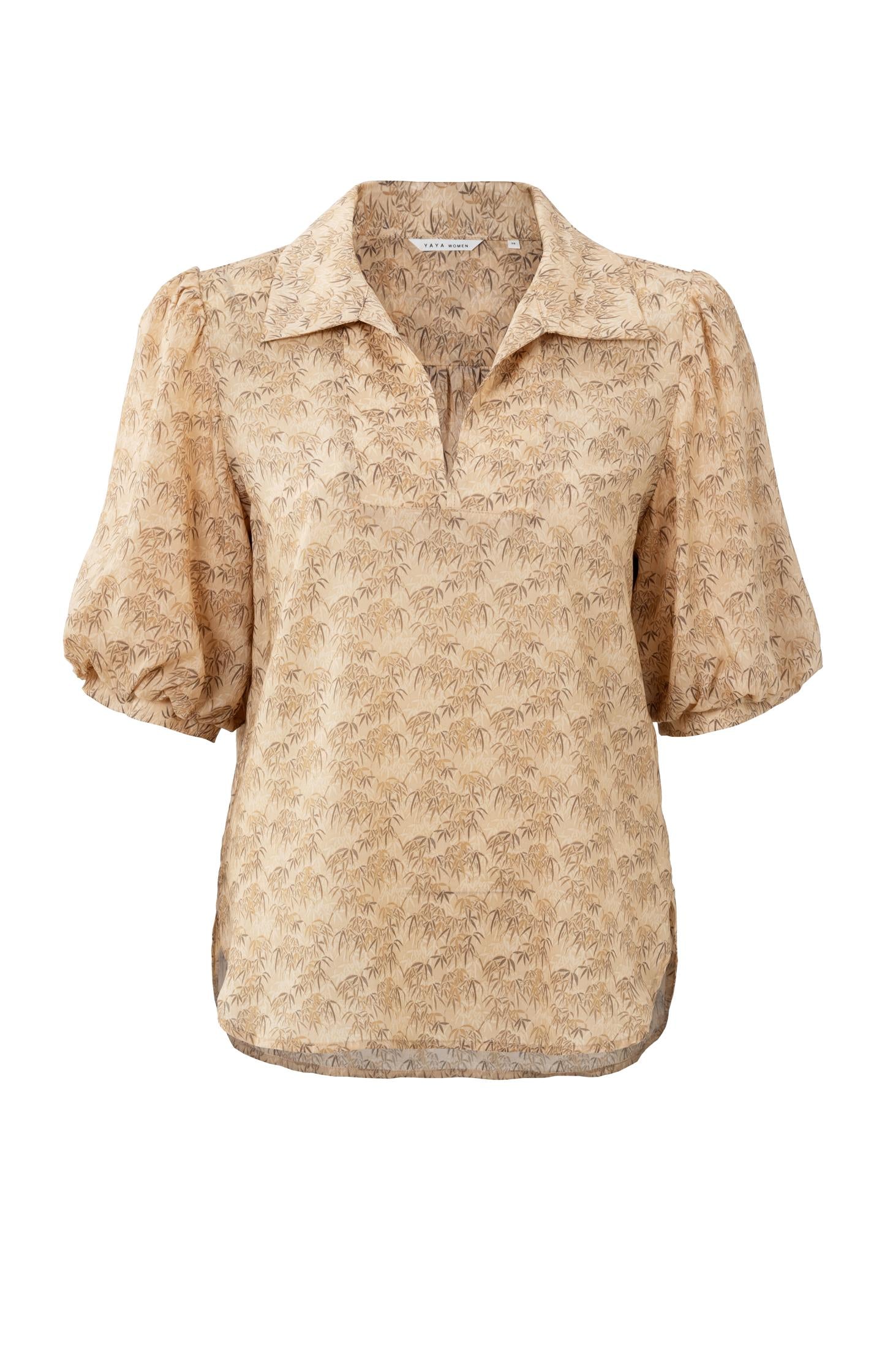 Supple top with V-neck, half puff sleeves and bamboo print - Type: product