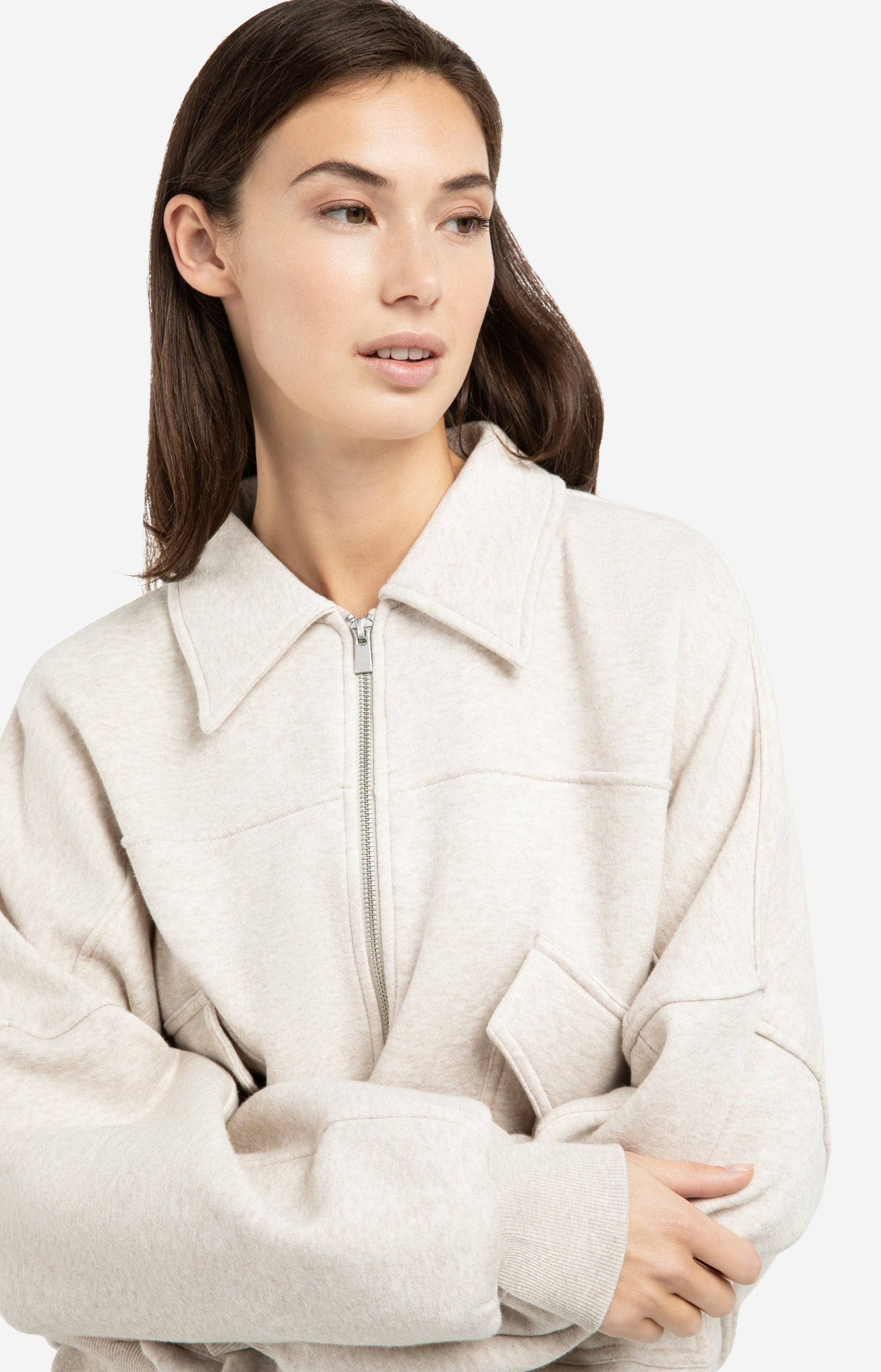 Sweat jacket with patch pockets and zip front closure