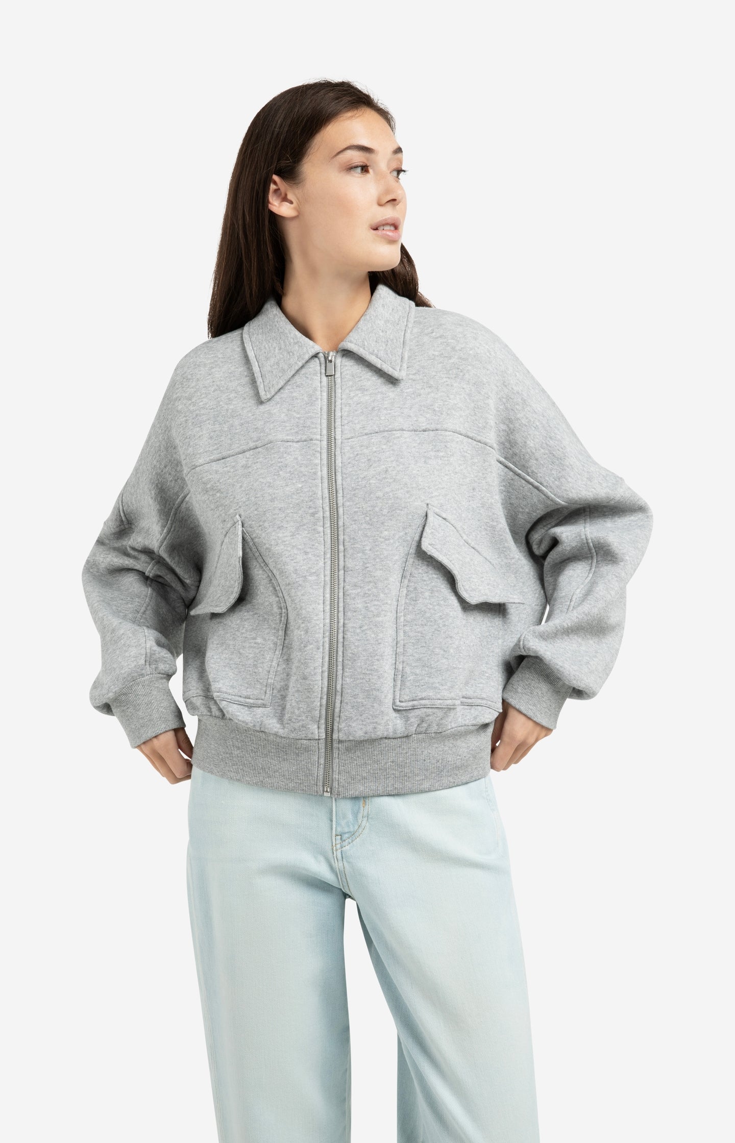 Sweat jacket with patch pockets and zip front closure