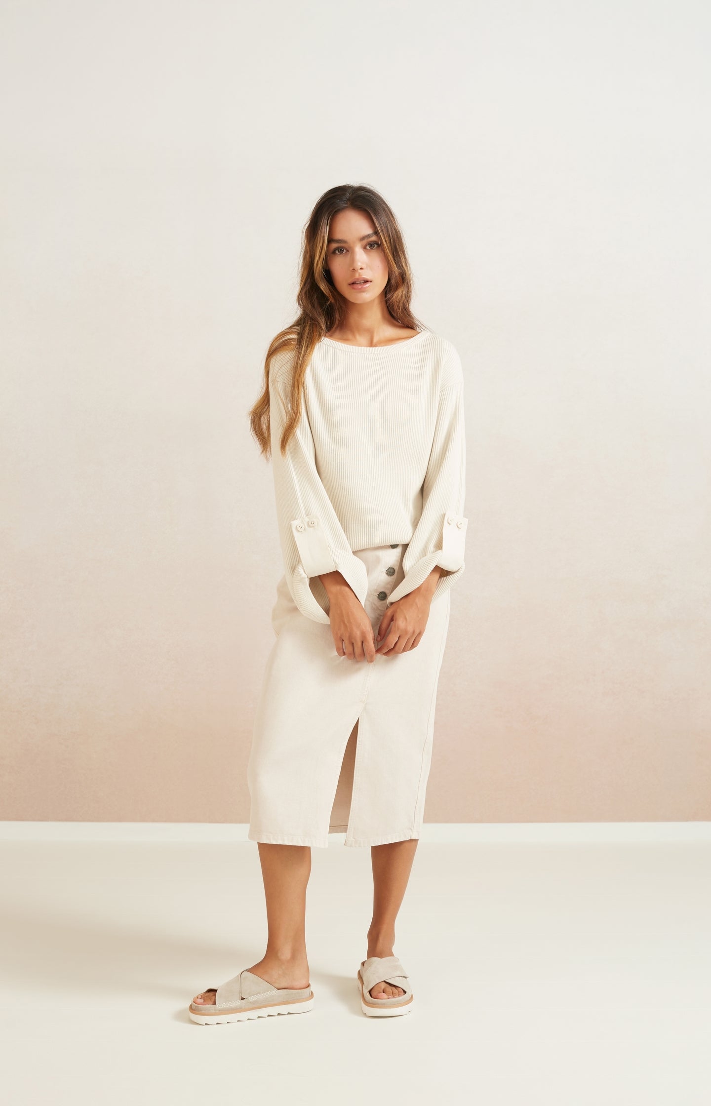 Sweater with boatneck, long wide sleeves and sleeve details