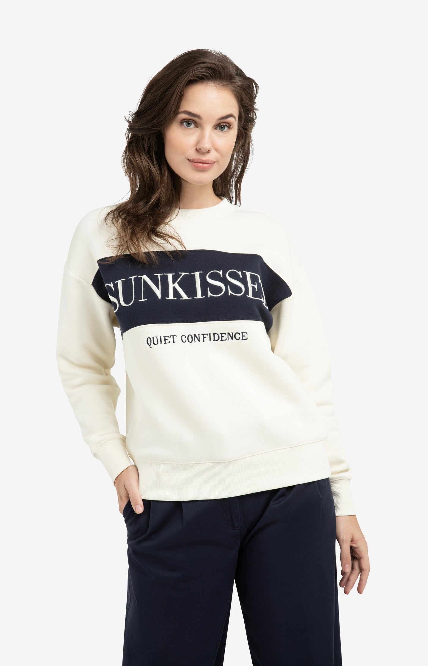 Sweater with colorblock and front text