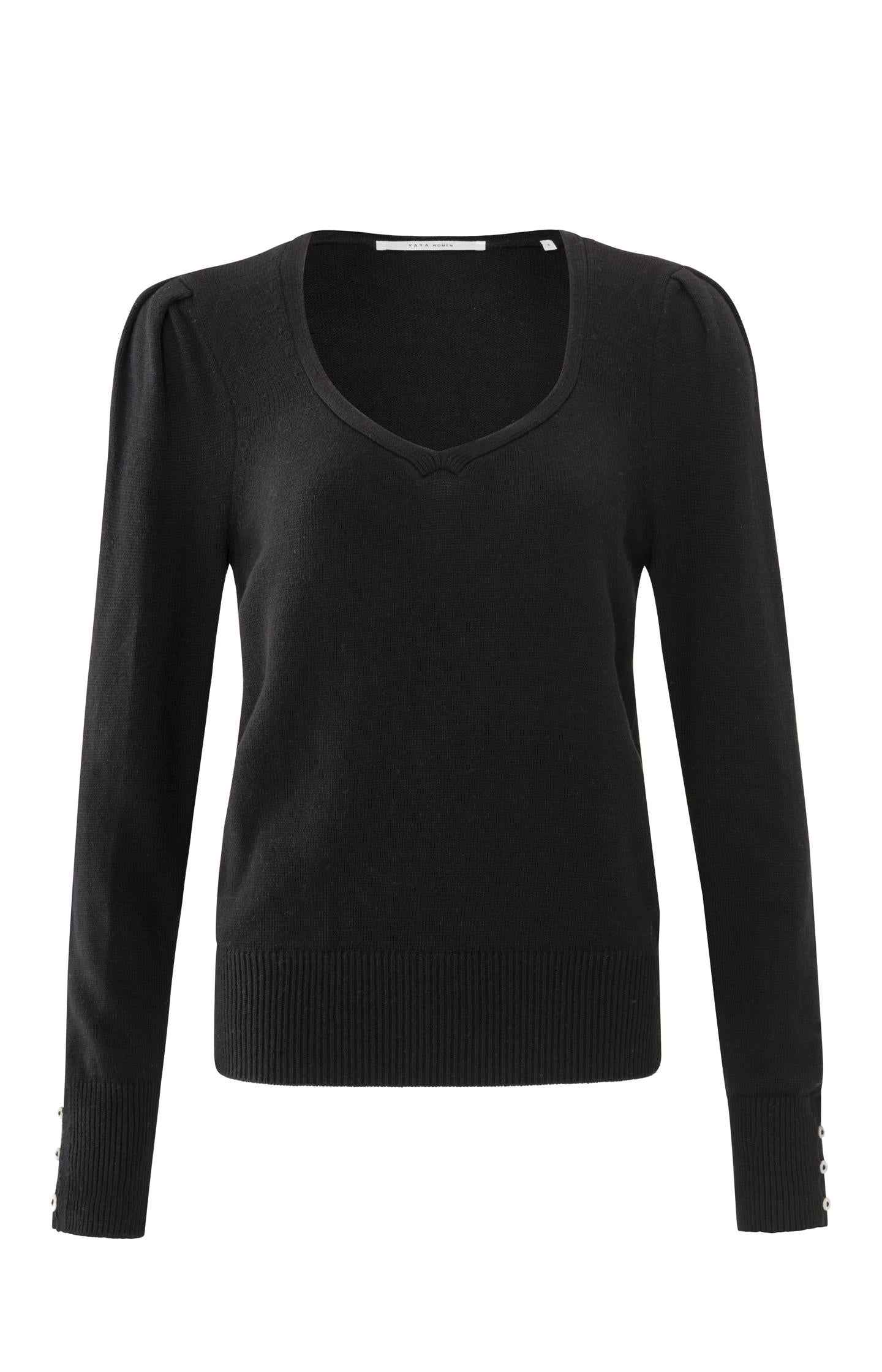 Sweater with deep round neck, long puff sleeves and rib details - Type: product