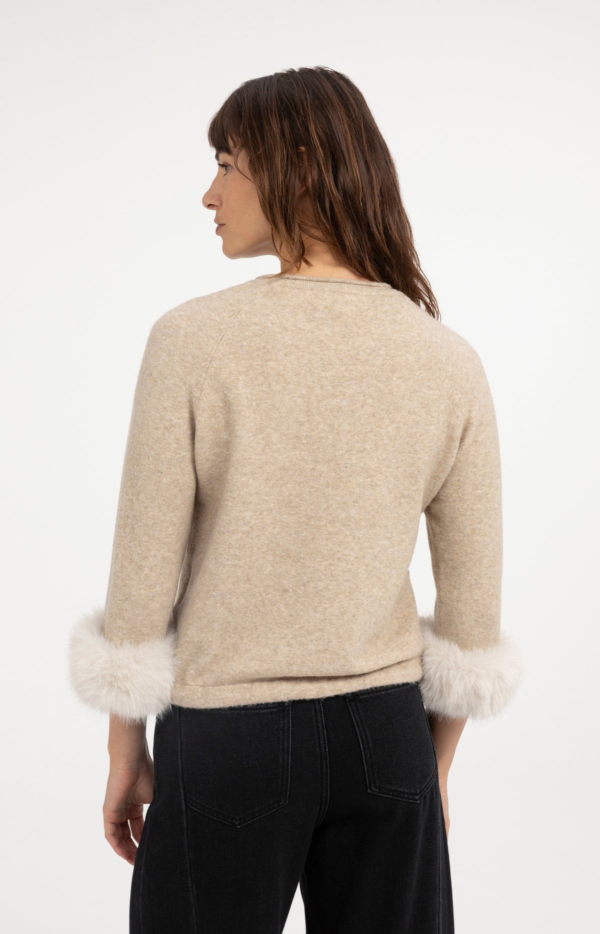 Sweater with detachable faux fur cuffs - Light Beige Melange