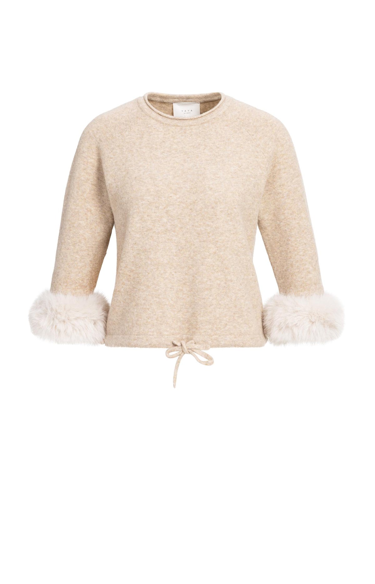 Trui met afneembare mouwboorden van imitatiebont - Light Beige Melange