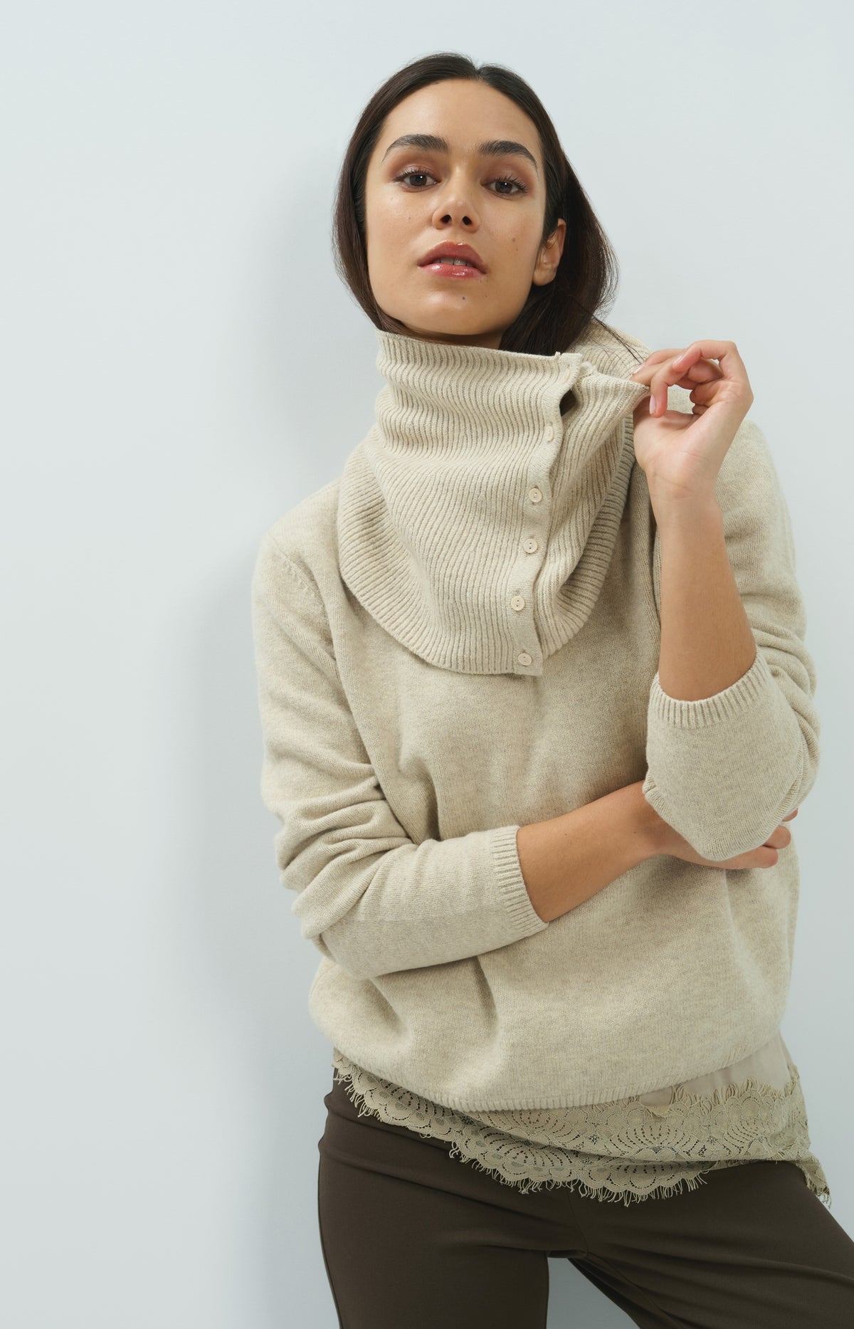 Sweater with detachable turtleneck collar - Light Beige Melange
