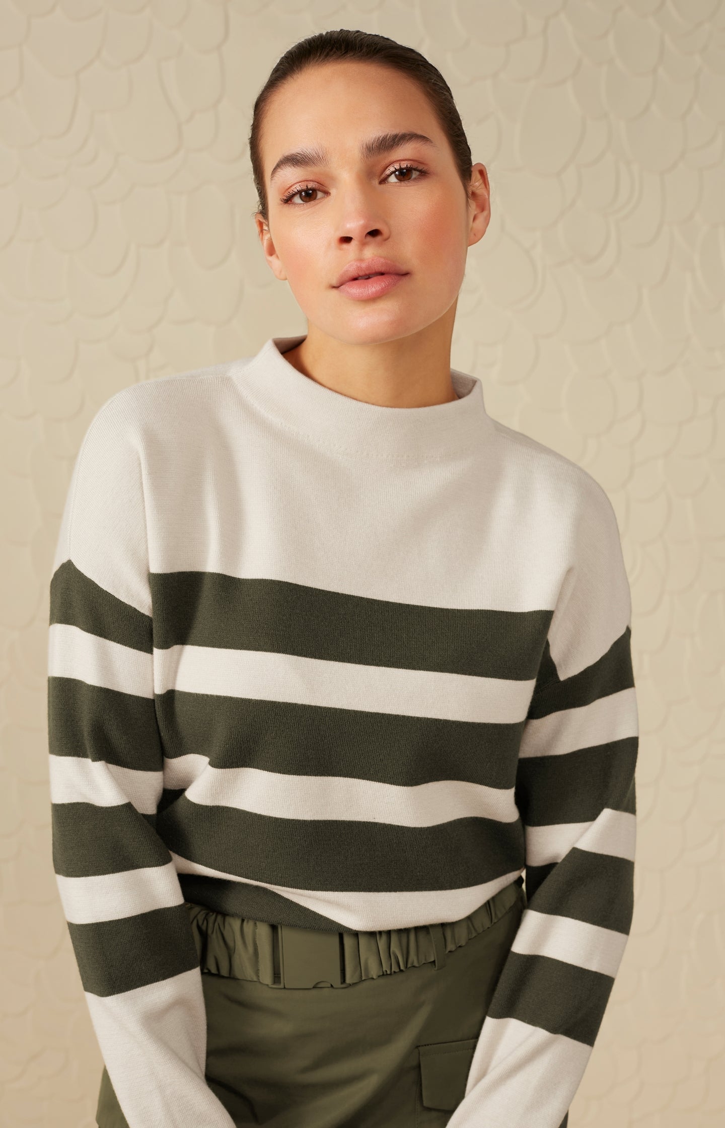 Sweater with high neck, long sleeves and stripes