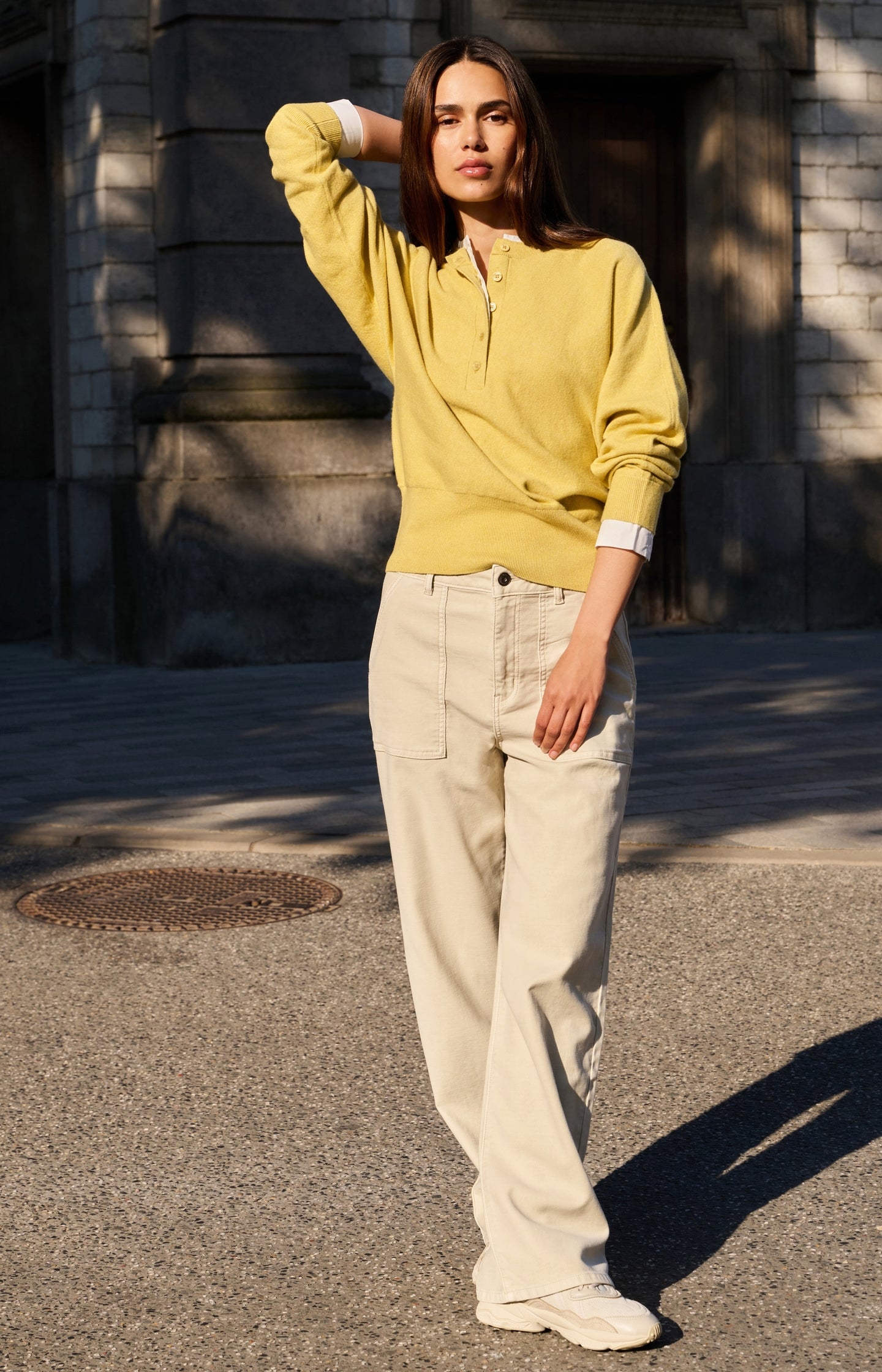Sweater with inserted blouse collar and button detail