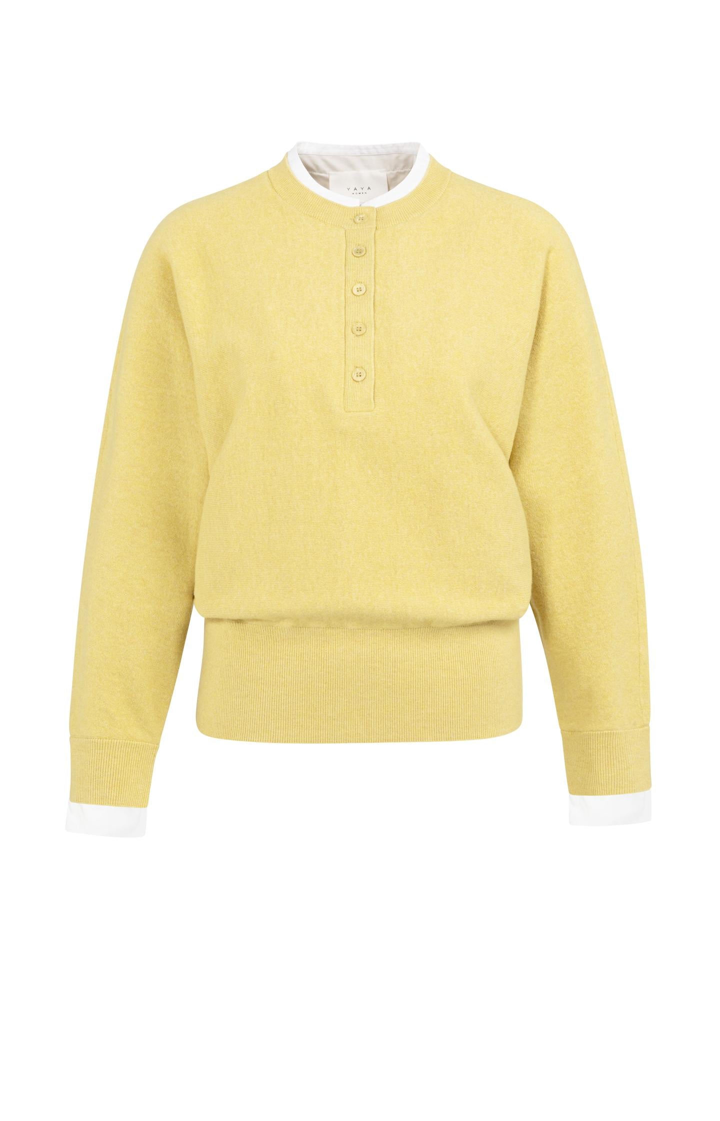 Sweater with inserted blouse collar and button detail