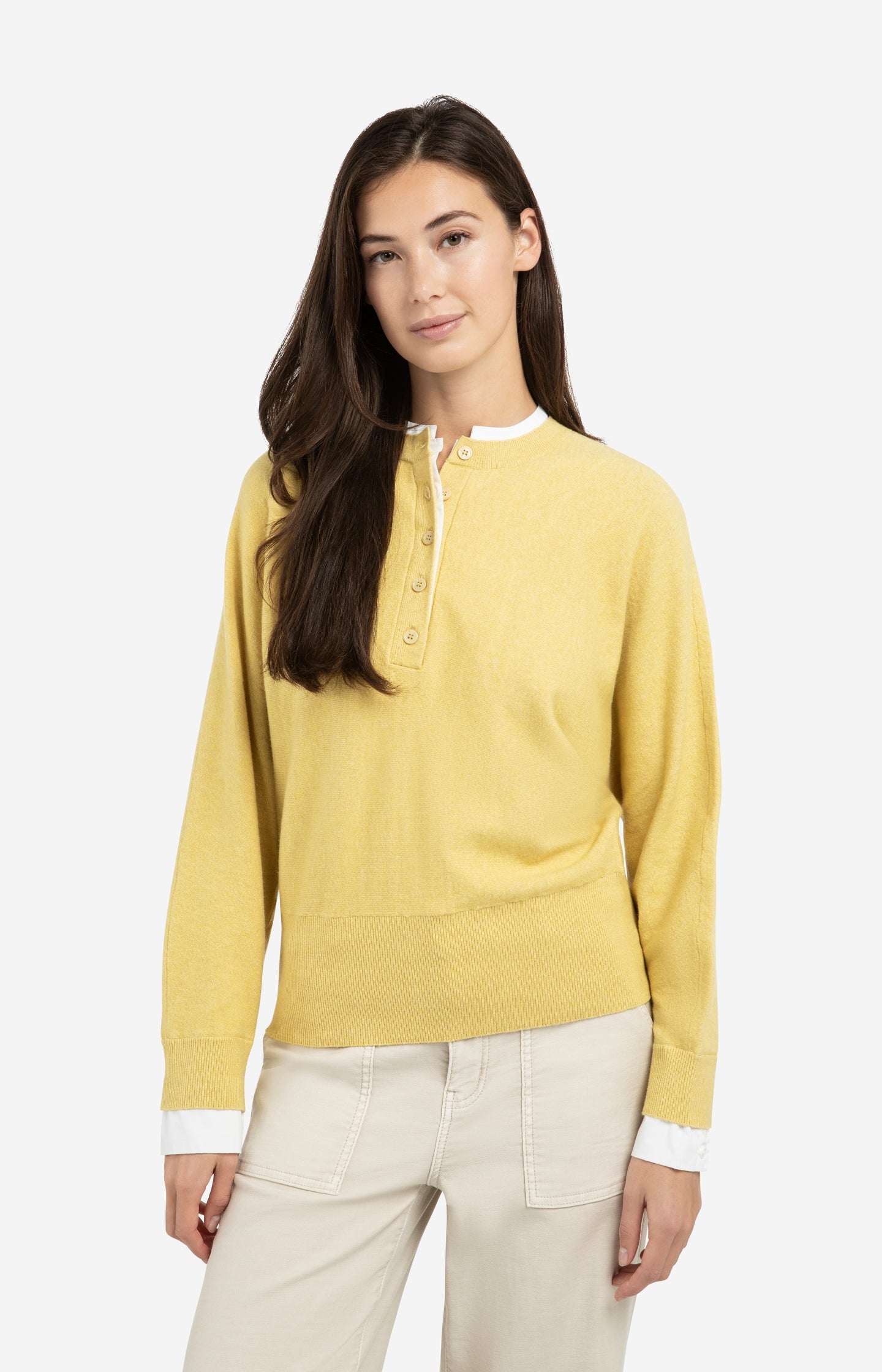Sweater with inserted blouse collar and button detail