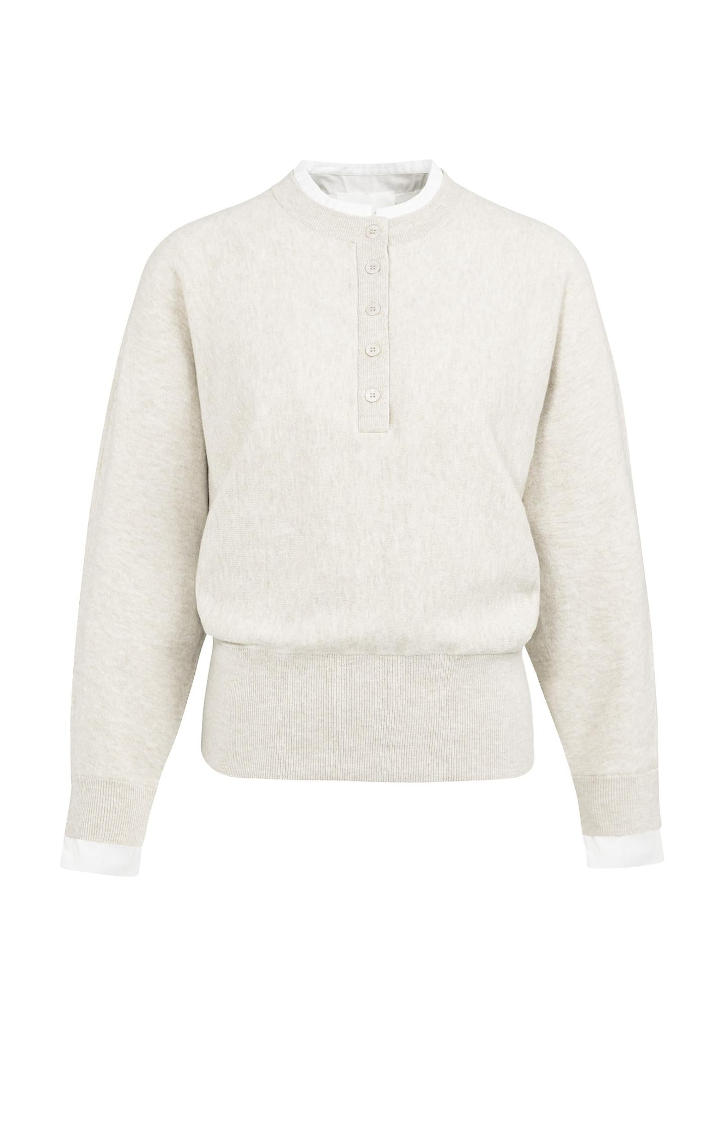 Sweater with inserted blouse collar and button detail