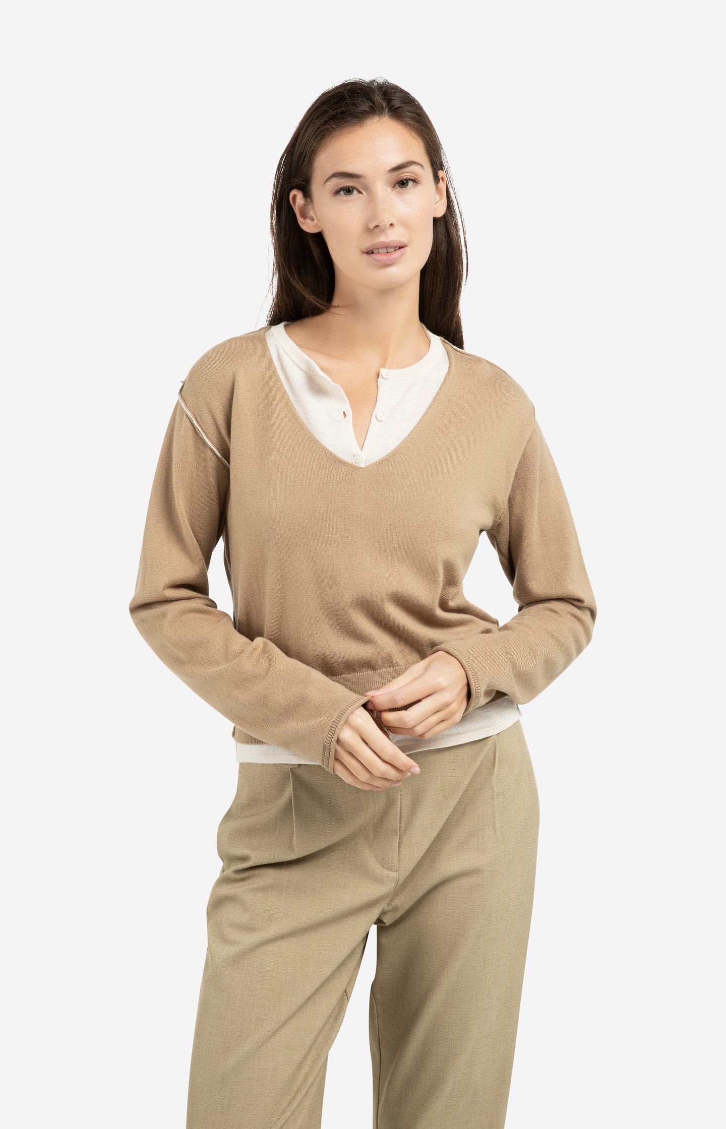 Sweater with layered look and contrast neckline