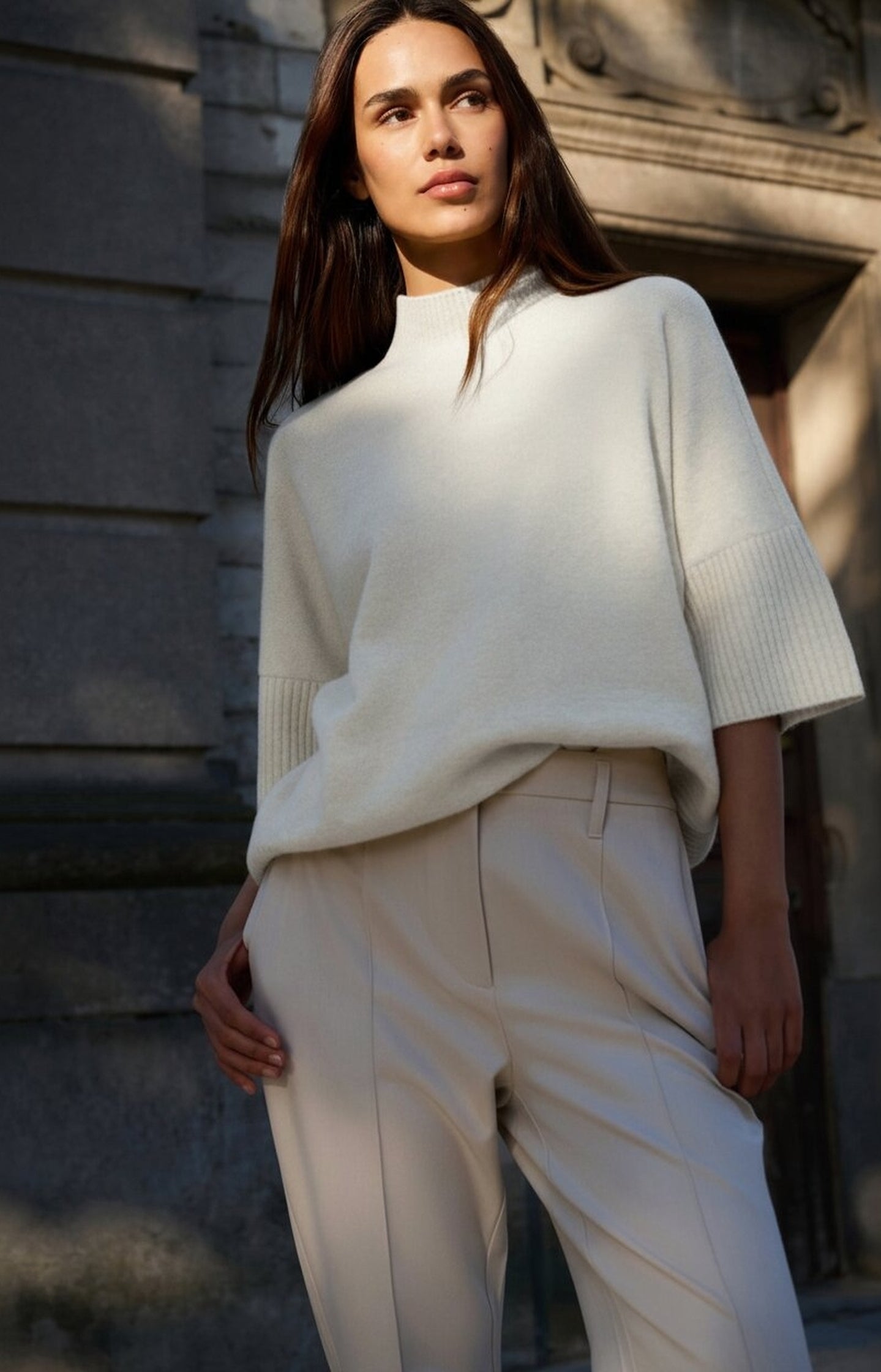 Sweater with ribbed three-quarter sleeves and mock neck