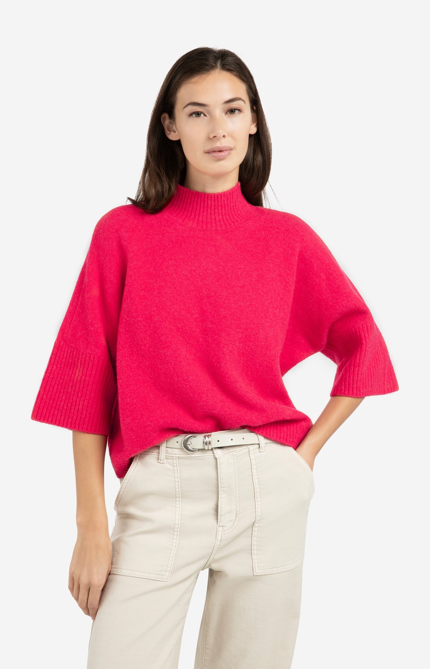 Sweater with ribbed three-quarter sleeves and mock neck