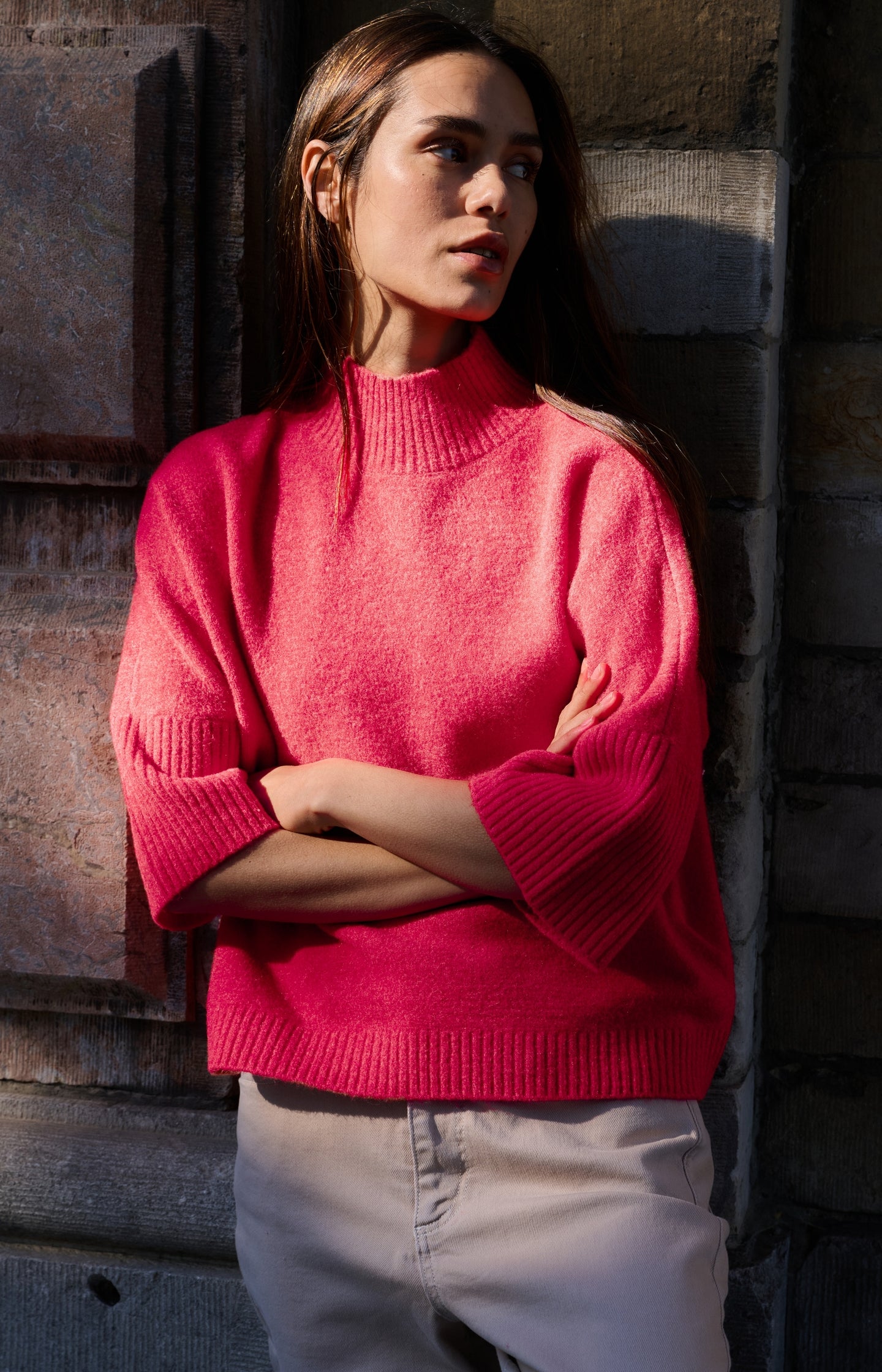 Sweater with ribbed three-quarter sleeves and mock neck