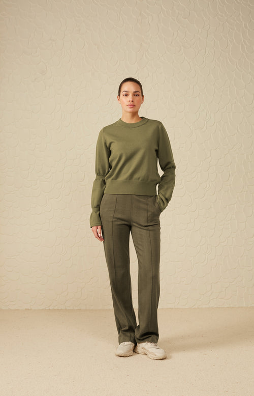 Sweater with round neck and long double puff sleeves - Gothic Olive Green - Type: lookbook