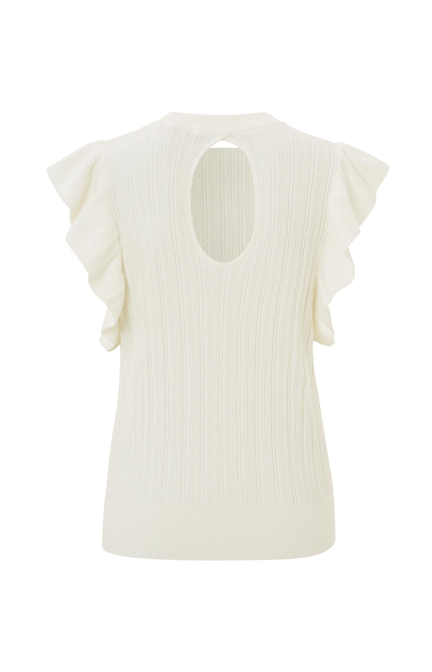 Sweater with round neck, ruffled cap sleeves and back detail