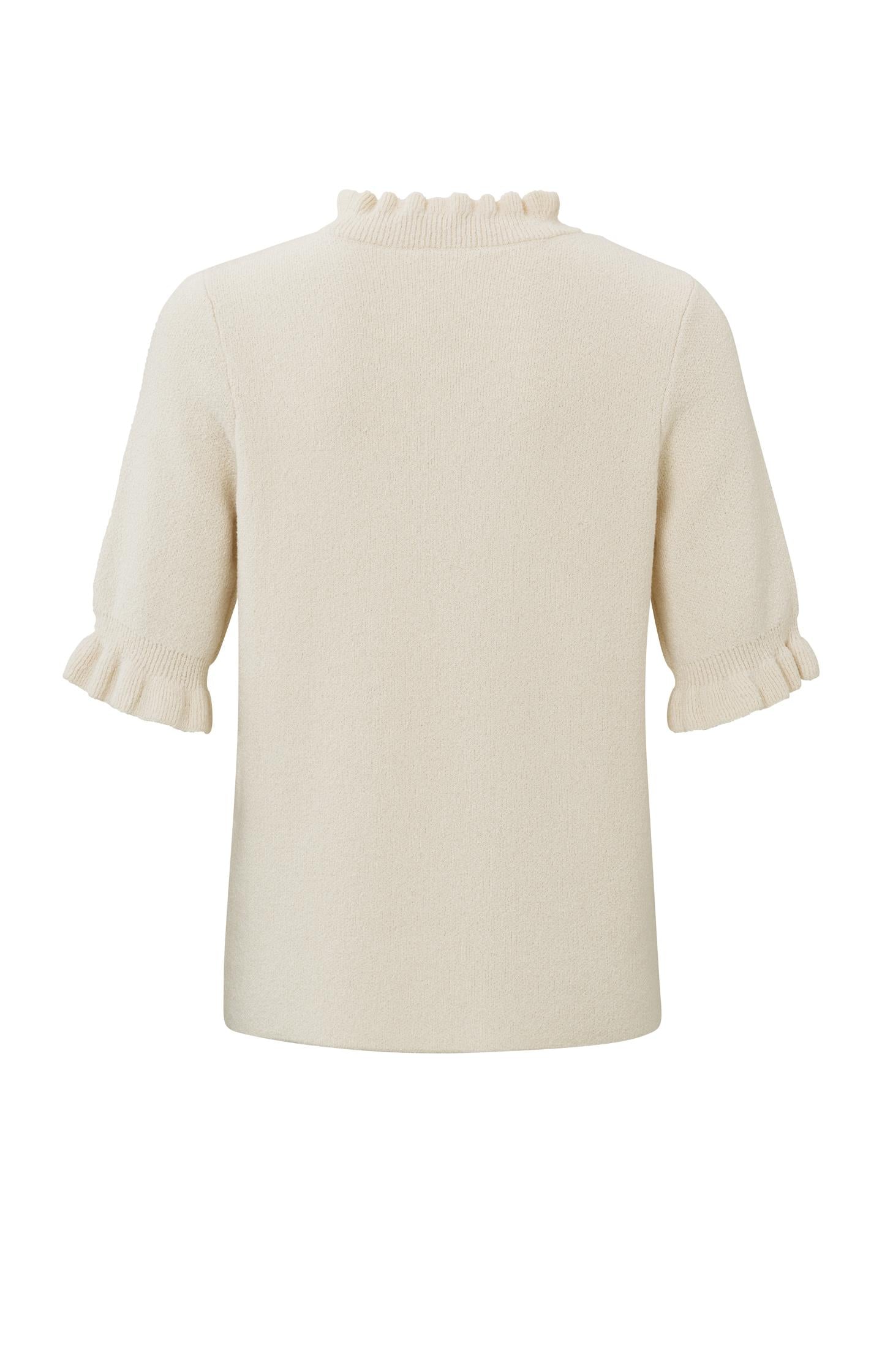 Sweater with round ruffled neck and short ruffled sleeves