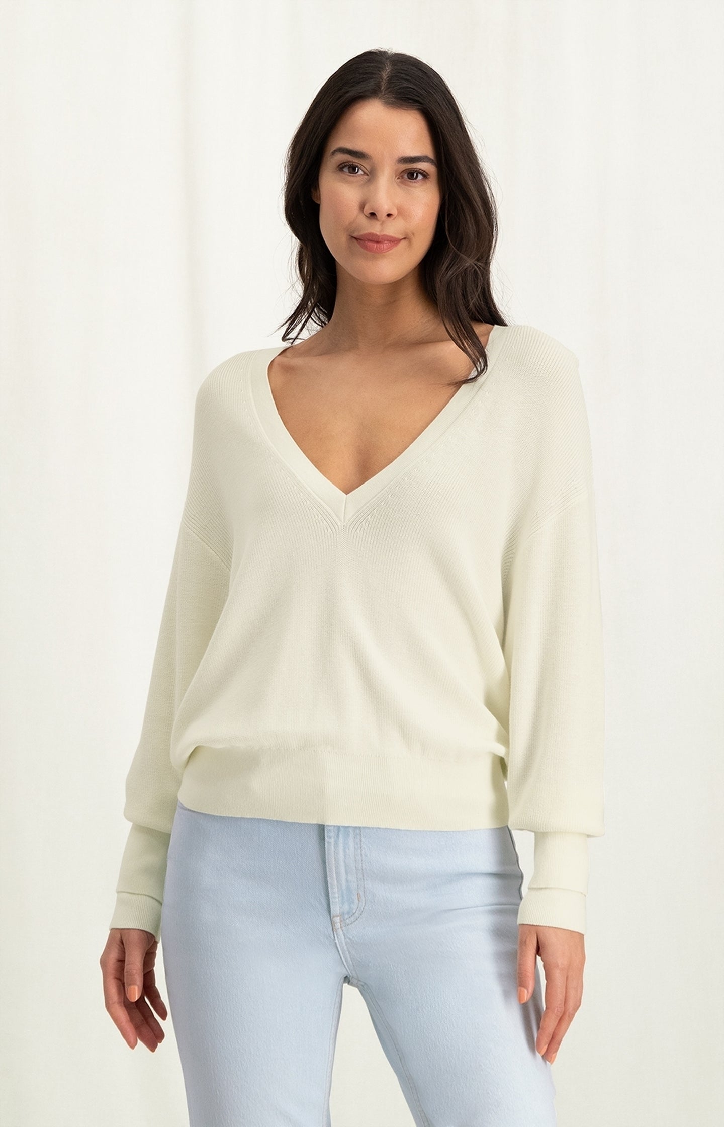 Sweater with V-neck and long sleeves with sleeve detail - Ivory White - Type: lookbook