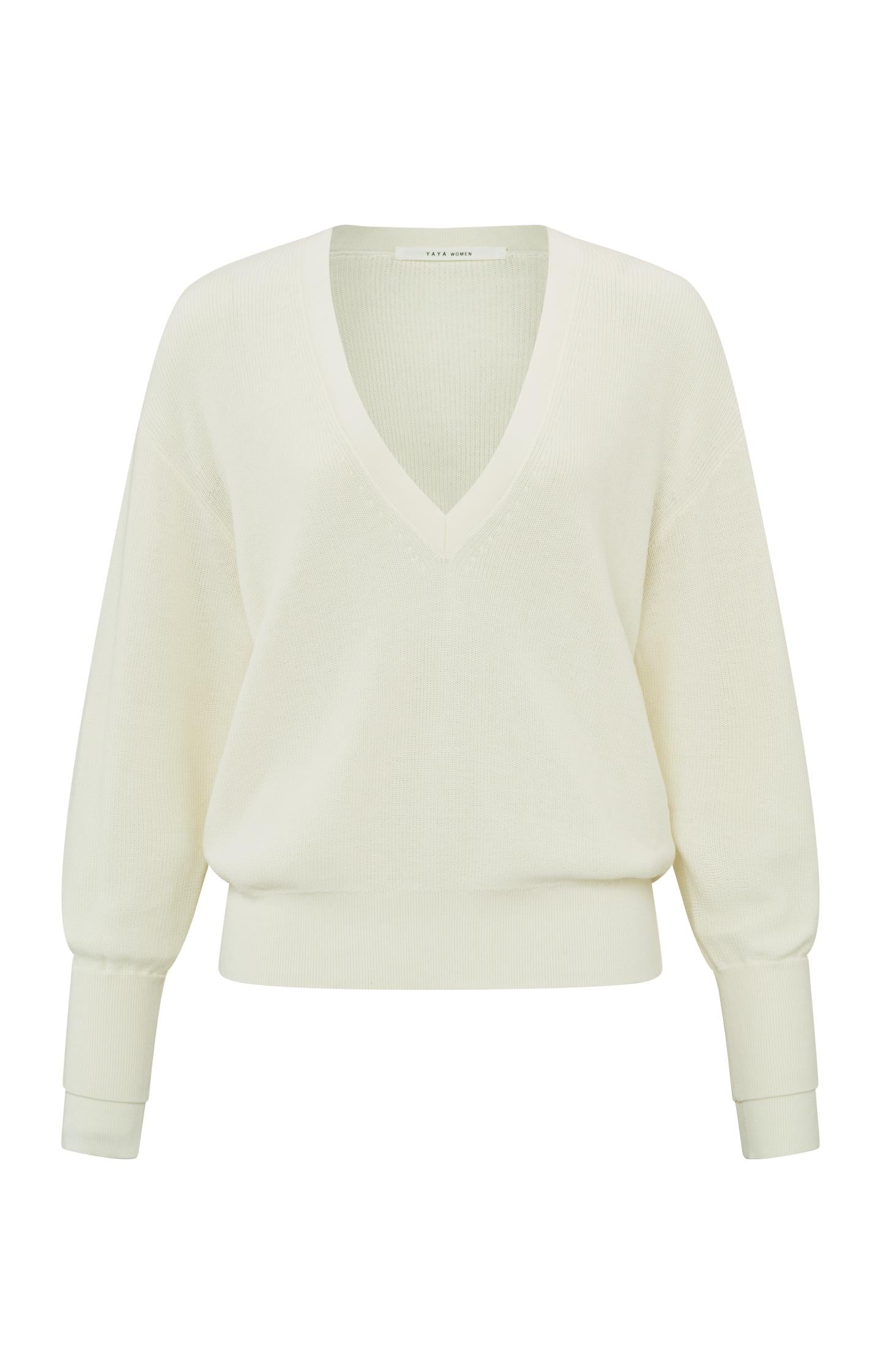 Sweater with V-neck and long sleeves with sleeve detail - Ivory White - Type: product