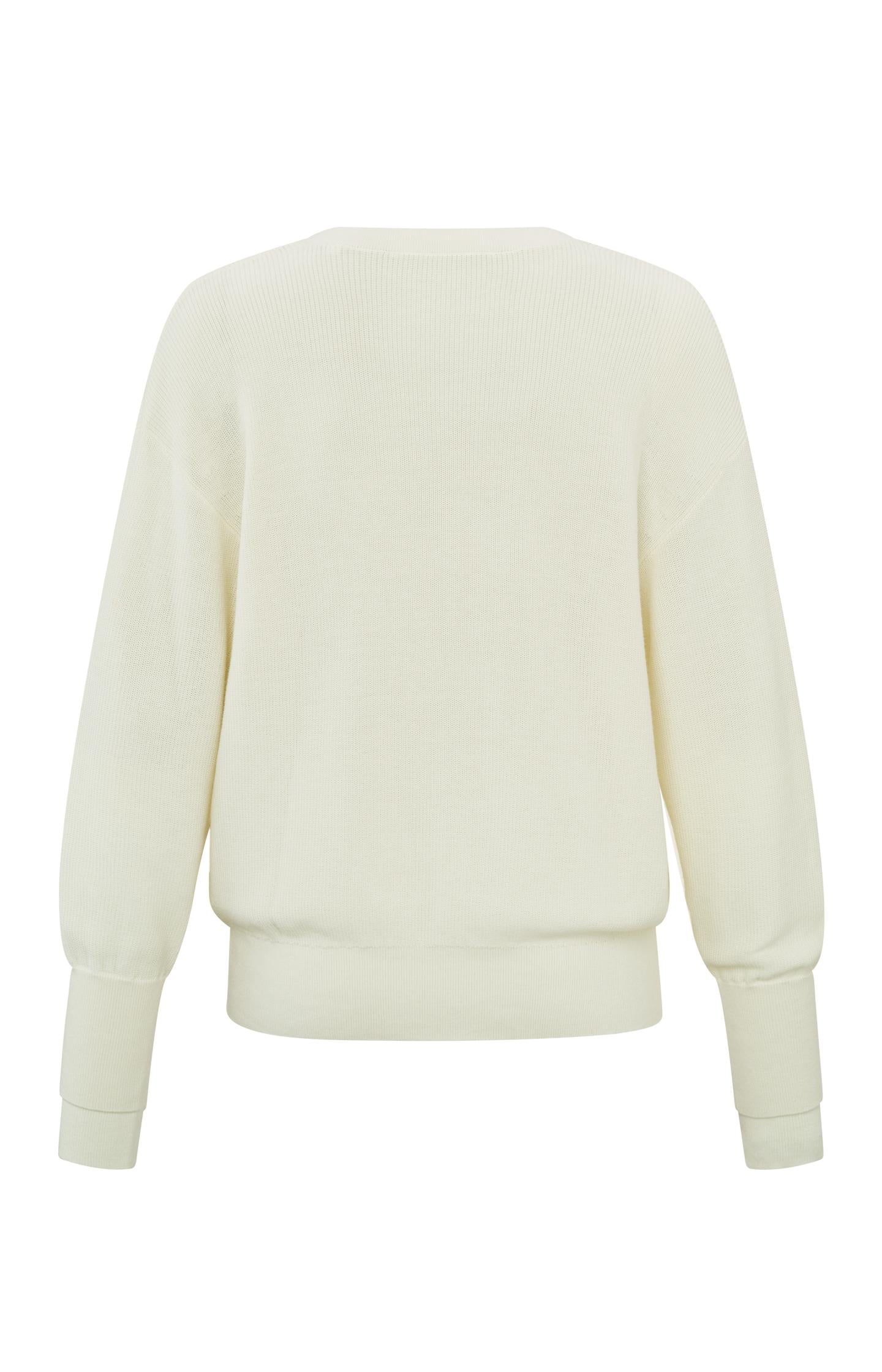 Sweater with V-neck and long sleeves with sleeve detail - Ivory White