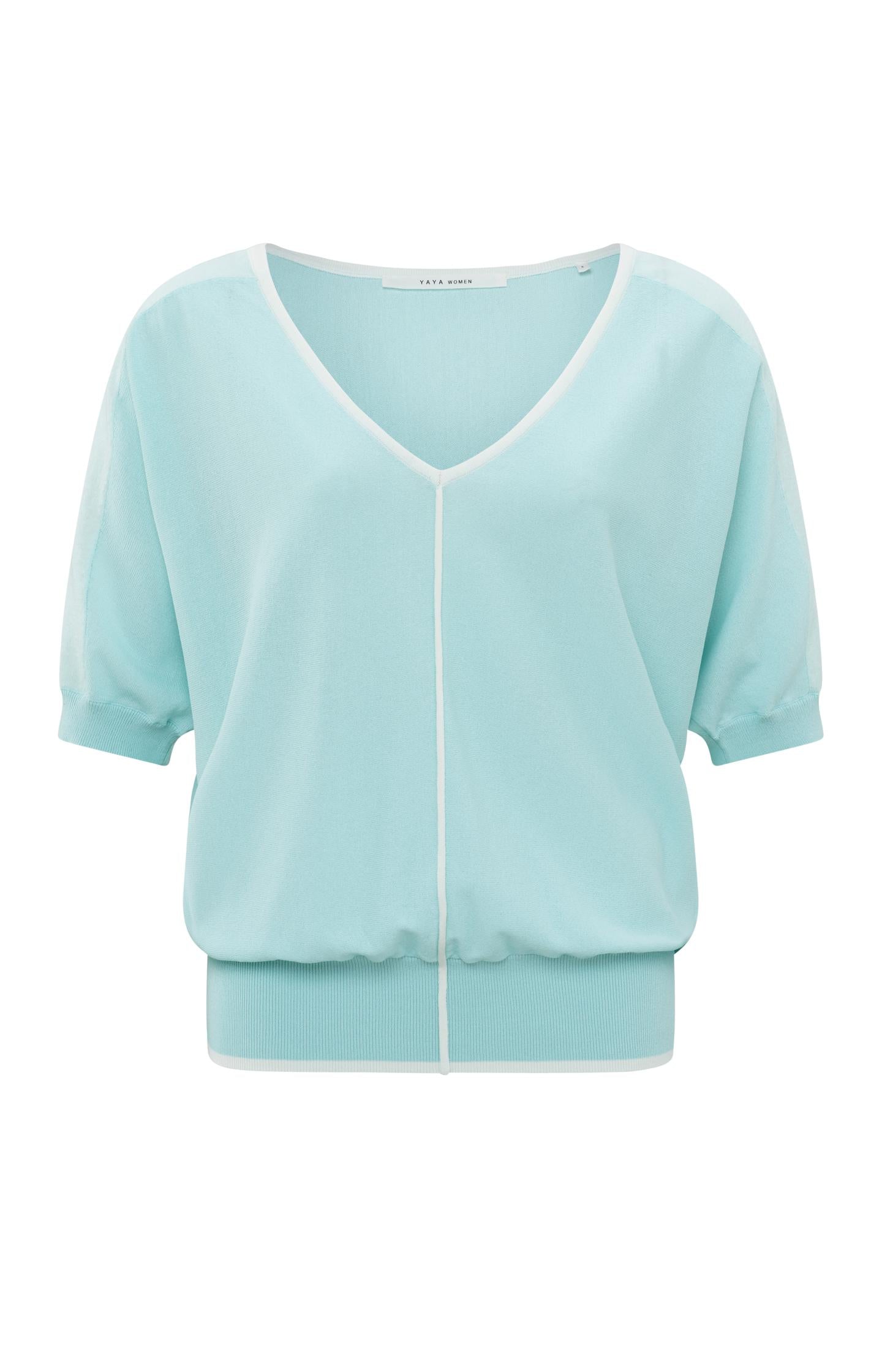 Sweater with V-neck, half long sleeves and see trough detail - Iced Aqua Blue - Type: product