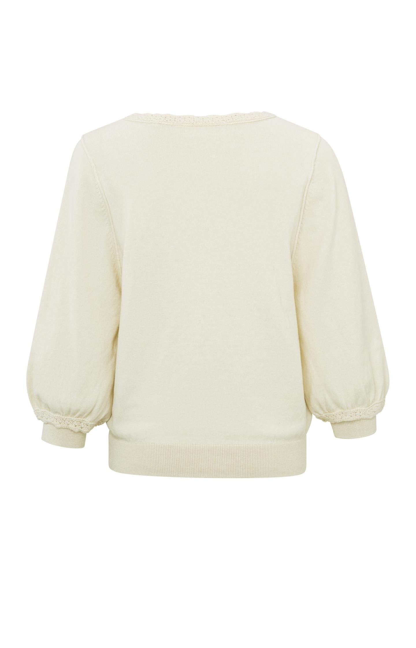 Sweater with V-neck, long balloon sleeves and embroidery - Ivory White