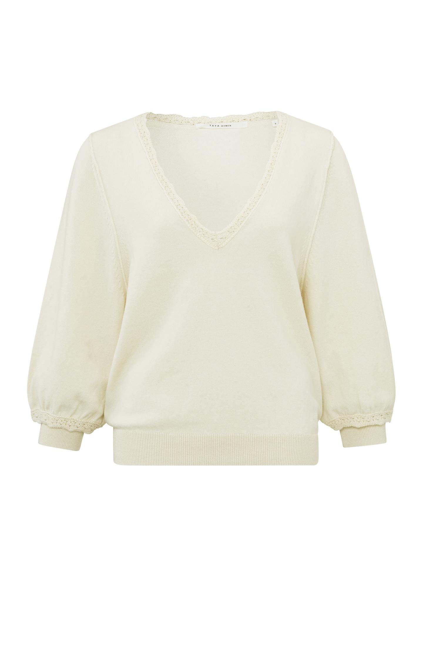 Sweater with V-neck, long balloon sleeves and embroidery - Ivory White - Type: product