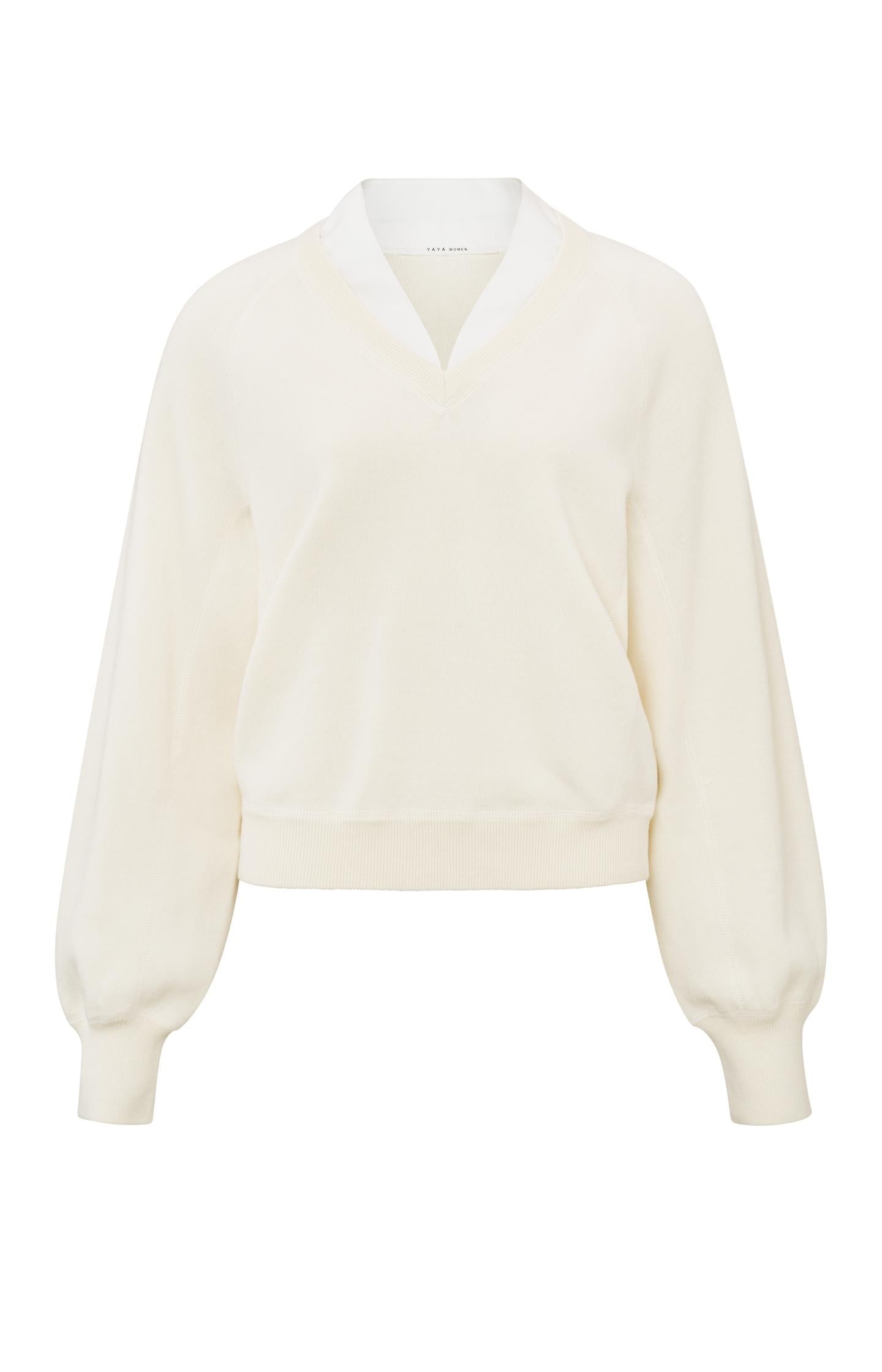 Sweater with V-neck, long balloon sleeves and woven details - Type: product