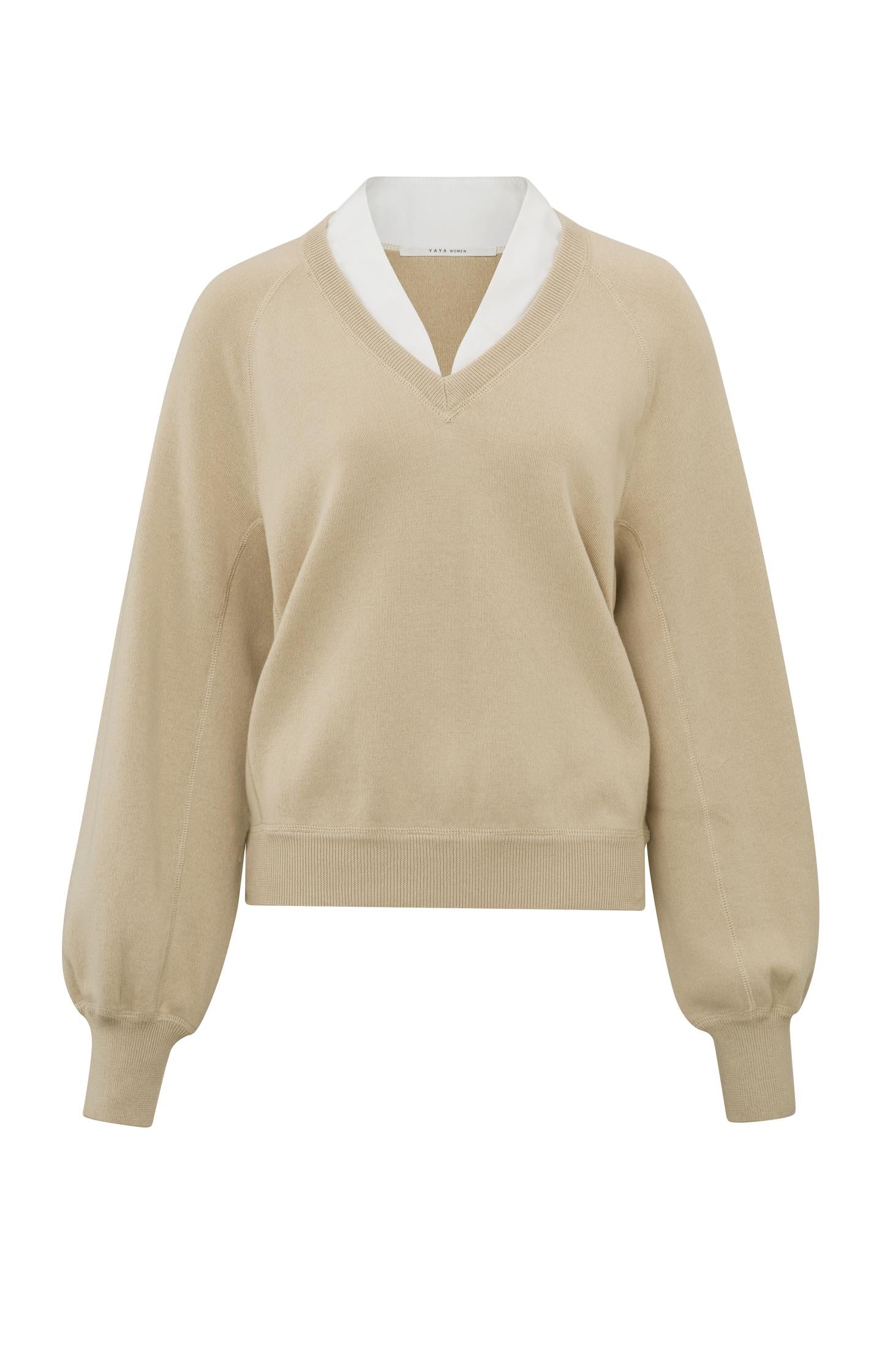 Sweater with V-neck, long balloon sleeves and woven details - Type: product