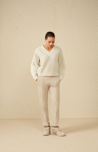 Sweater with V-neck, long puff sleeves and woven details - Silver Birch Sand - Type: lookbook