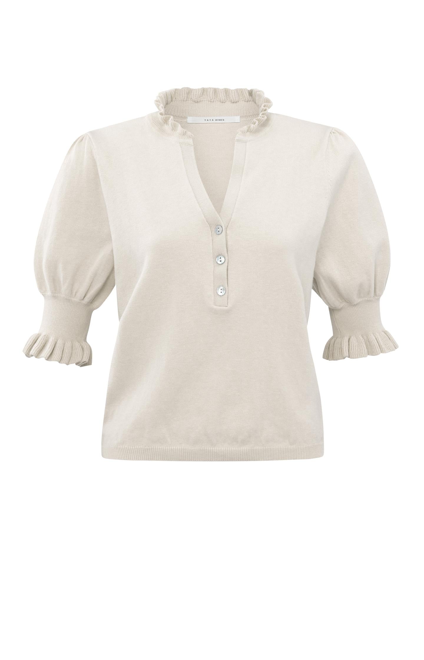 Sweater with V-neck, short puff sleeves and buttons - Type: product