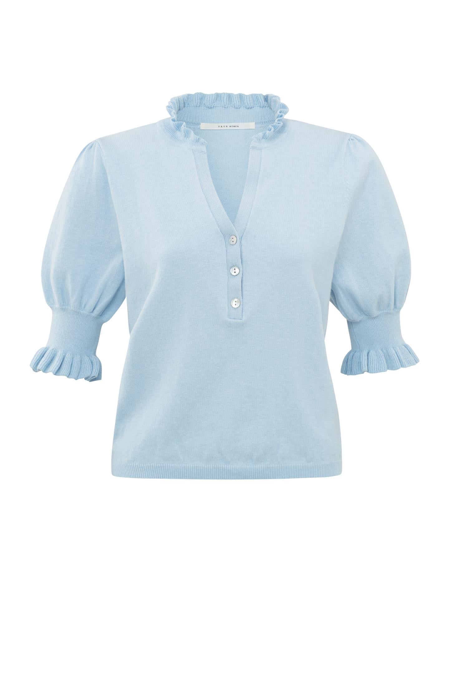 Sweater with V-neck, short puff sleeves and buttons - Type: product