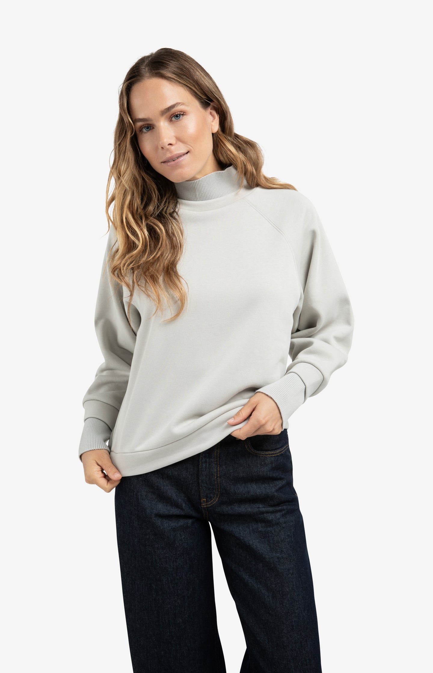 Sweatshirt with high ribbed collar and extended cuffs