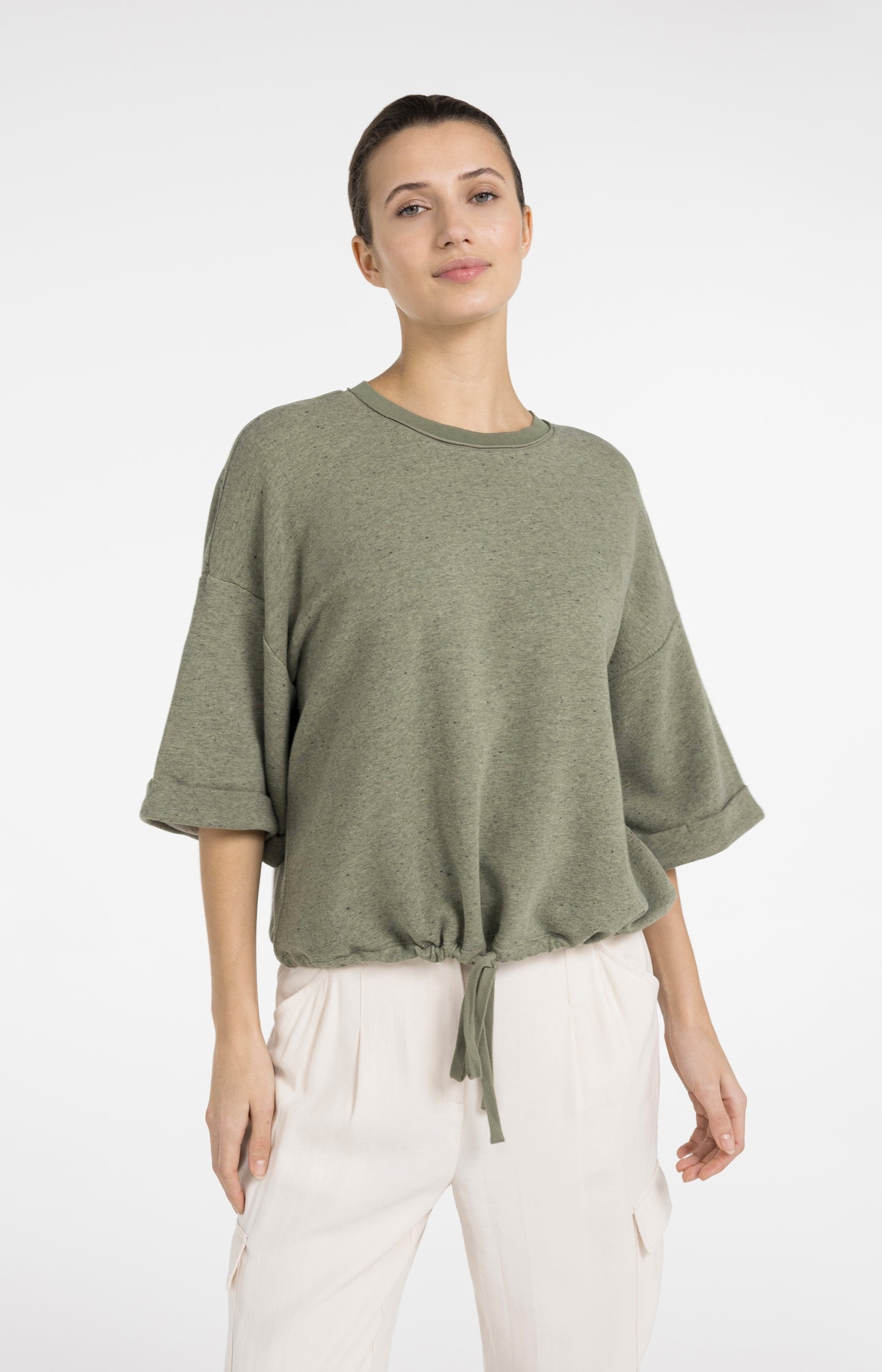 Sweatshirt with rolled cuffs and drawcord