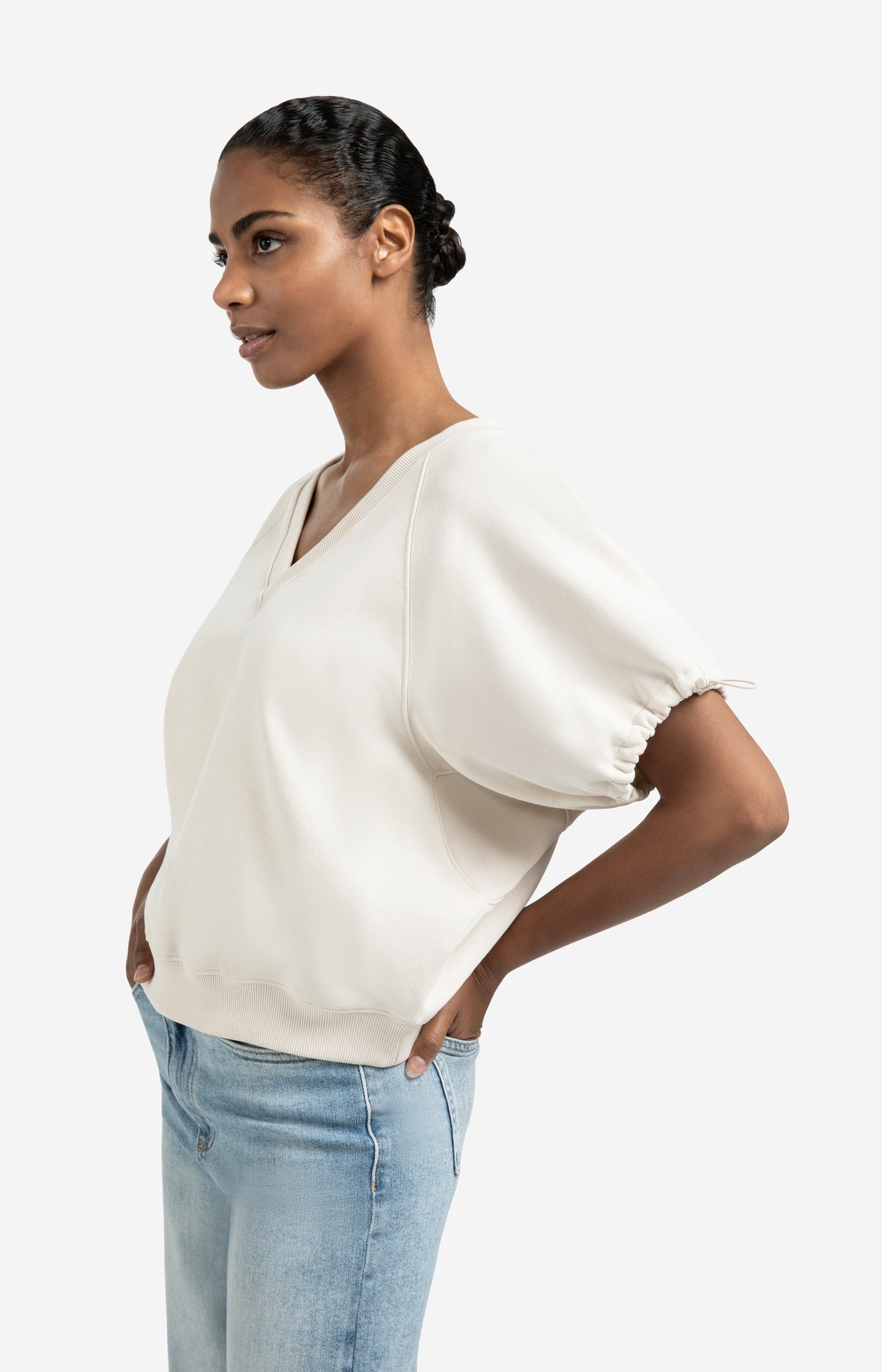 Sweatshirt with V-neck and adjustable sleeve cords - Type: lookbook