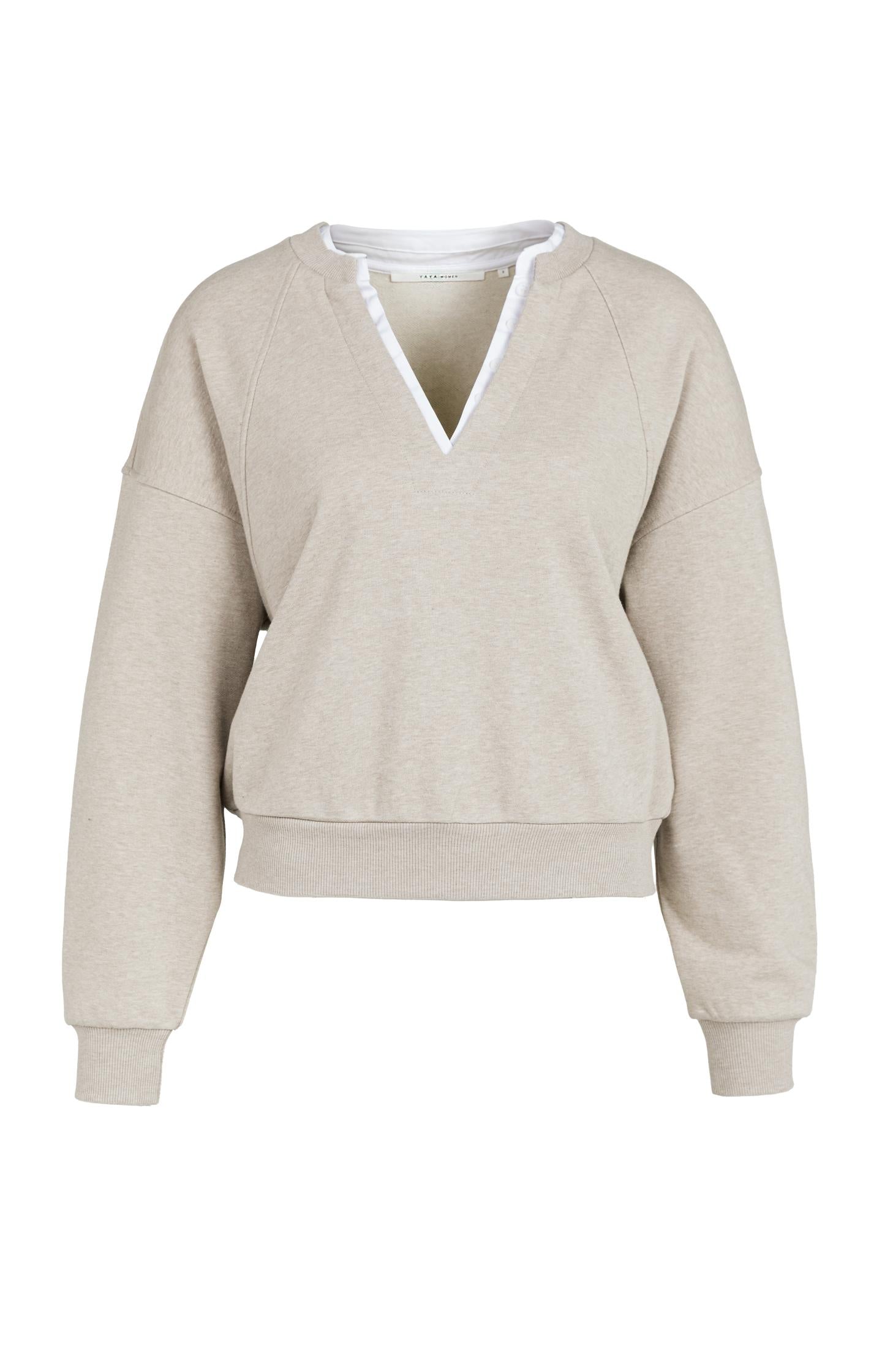 Sweatshirt with V-neck and woven collar