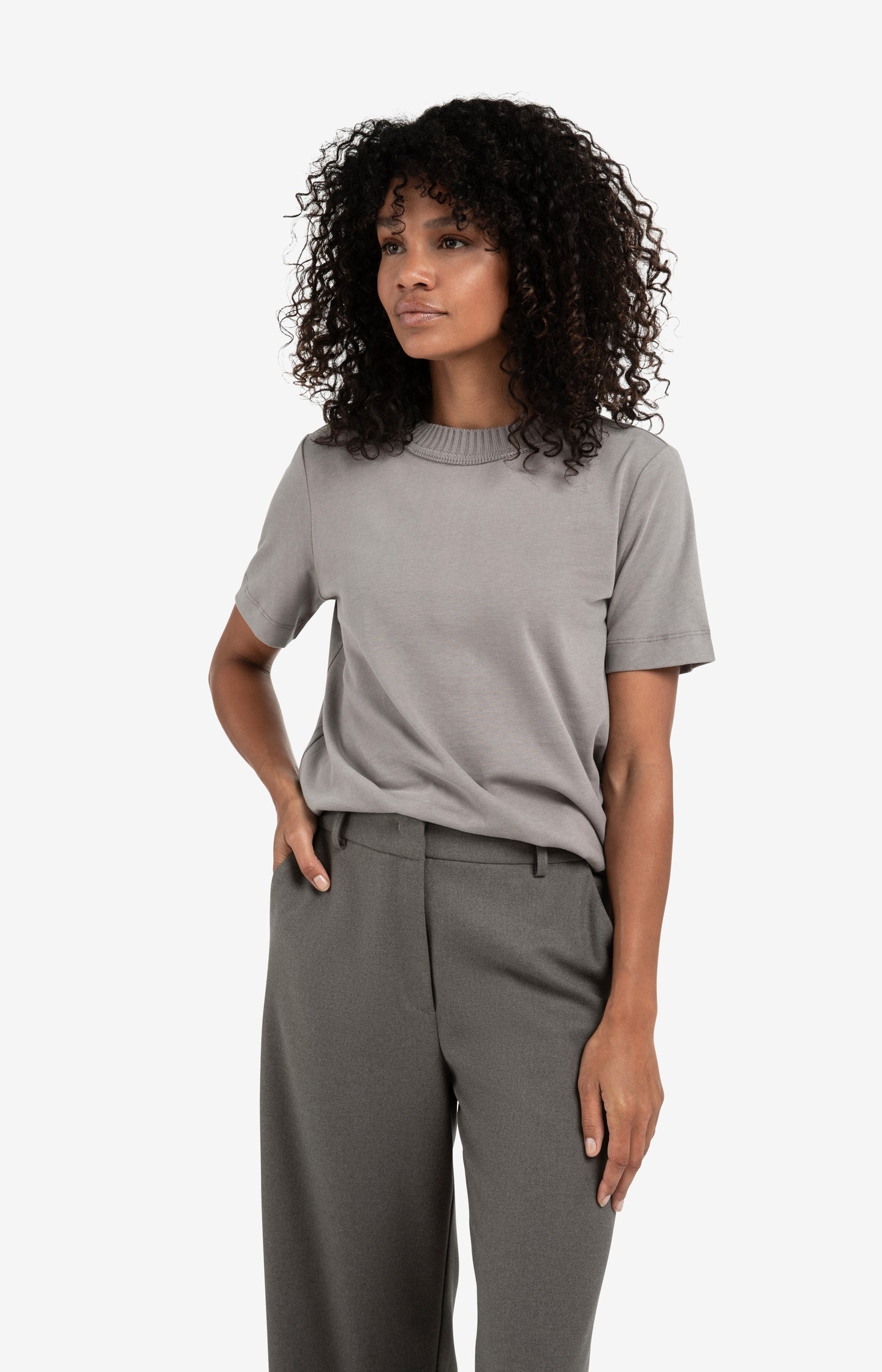 T-shirt with knitted neckline and short sleeves